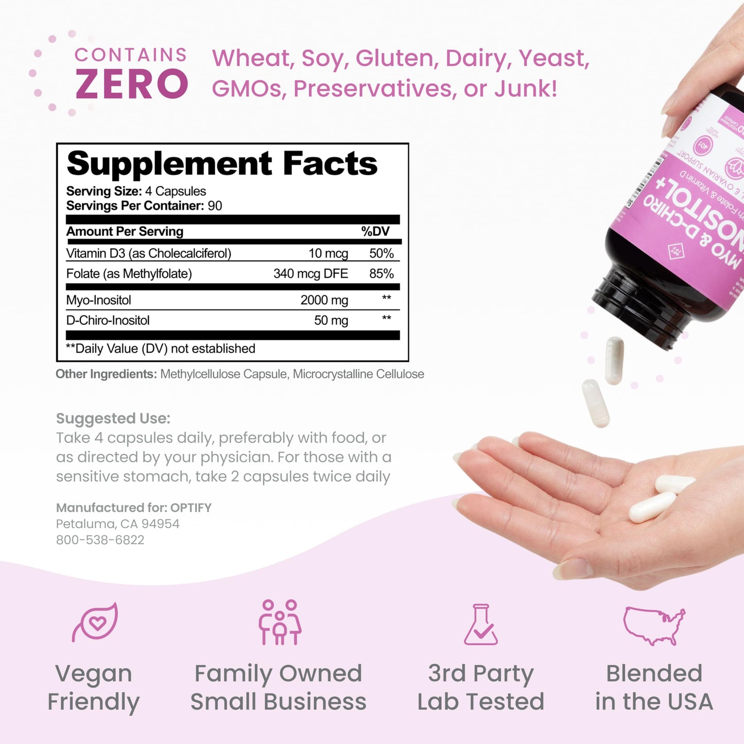 Optify Inositol for Women โ 90-Day Supply, 40:1 Myo-Inositol to D-Chiro Inositol, Folate & Vitamin D