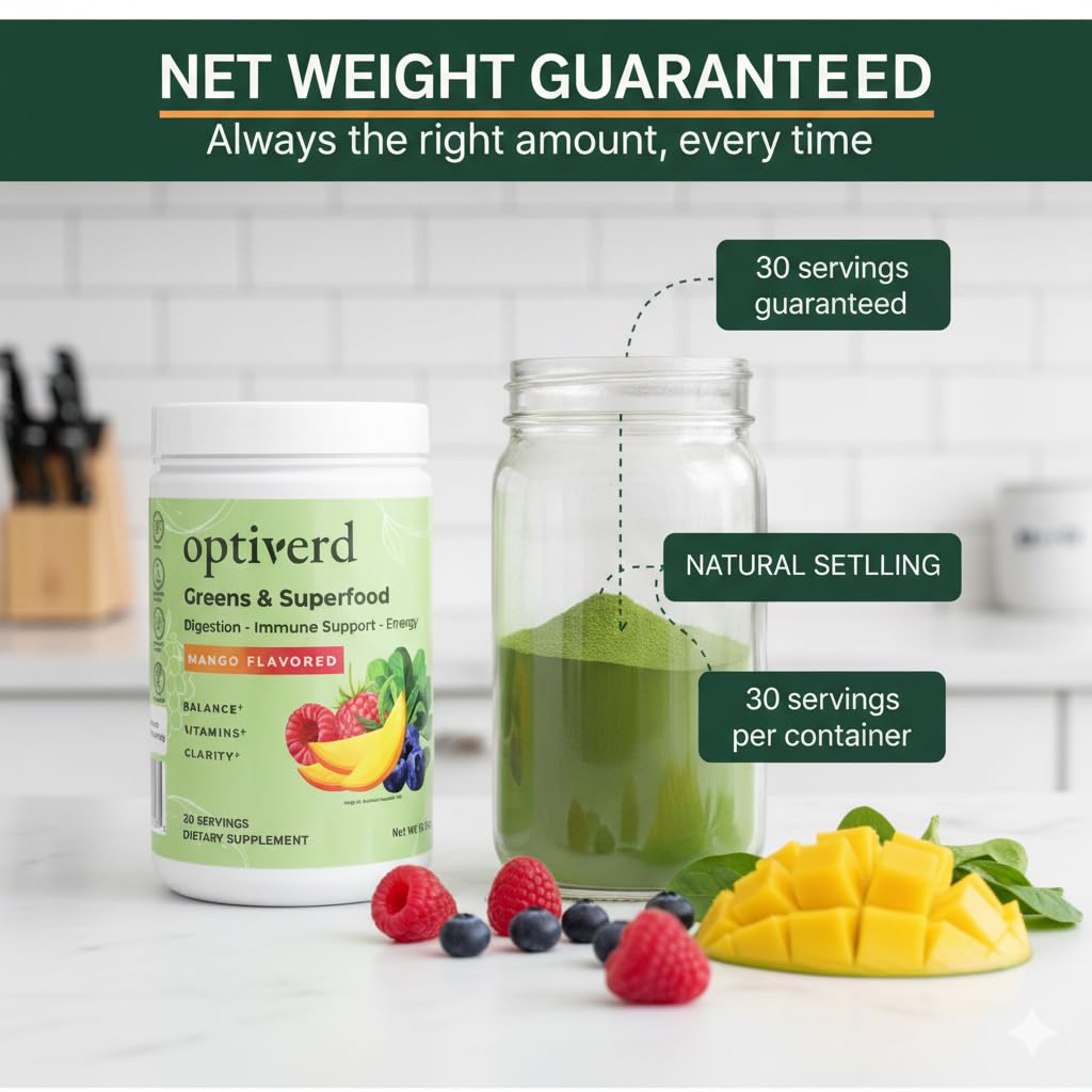 OptiVerd Greens Superfood Powder with Probiotics & Enzymes โ Mango, 30 Servings | Organic, Vegan, Gluten-Free