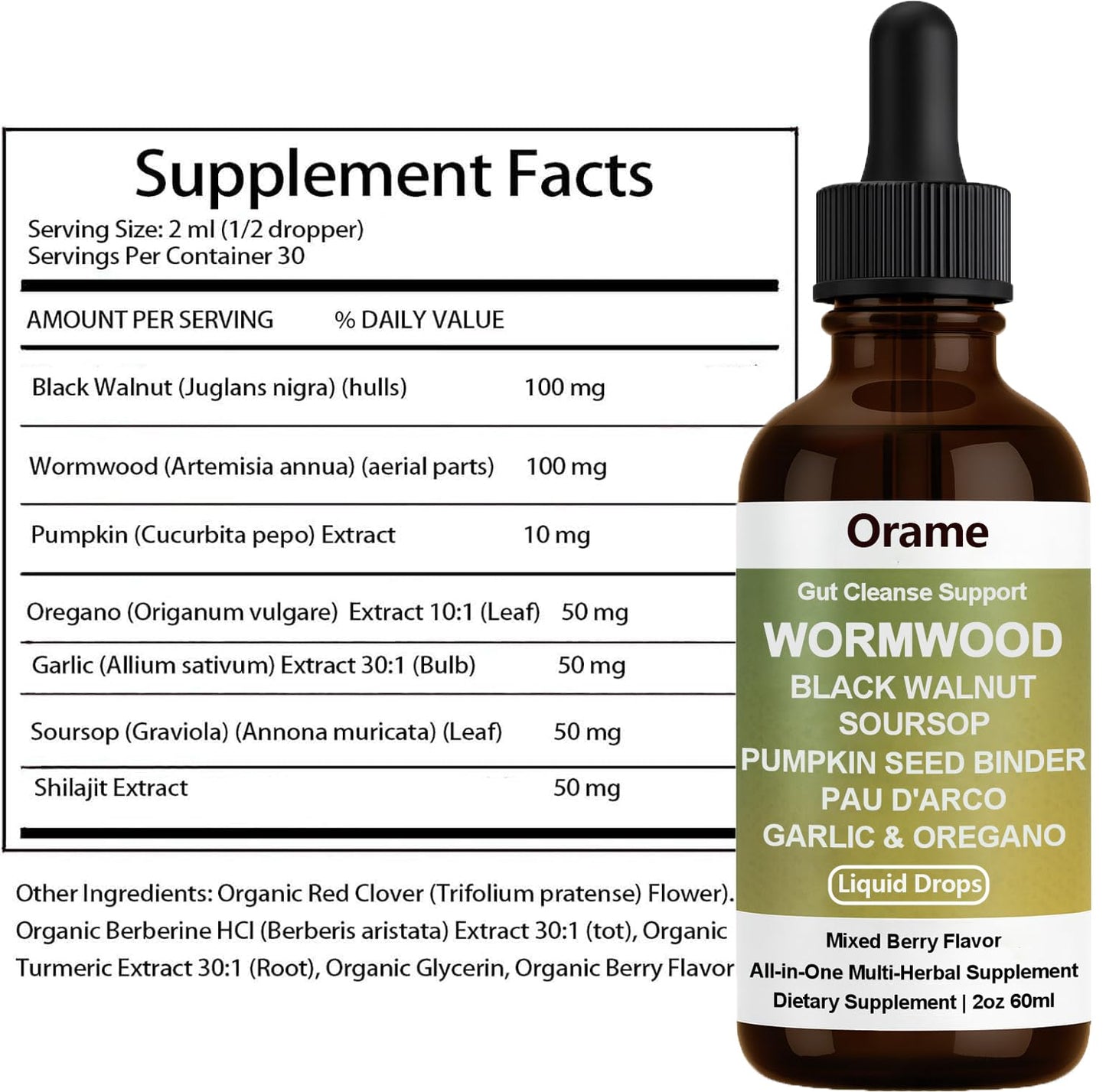 Orame Wormwood Gut Cleanse Liquid Drops โ Prozen Wormwood, Black Walnut, Clove, Soursop, 2 oz