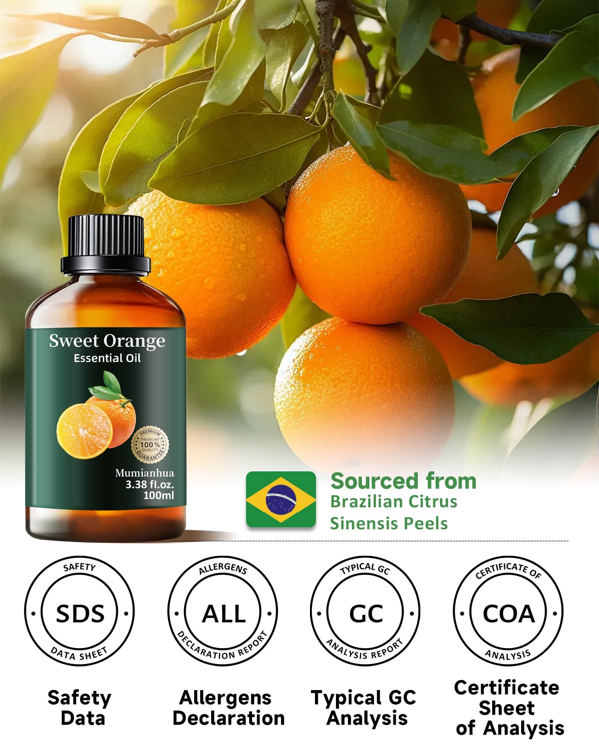 Orange Essential Oil Pure โ Mumianhua Sweet Orange Oil for Diffuser, Skin, DIY (3.38 Fl Oz)