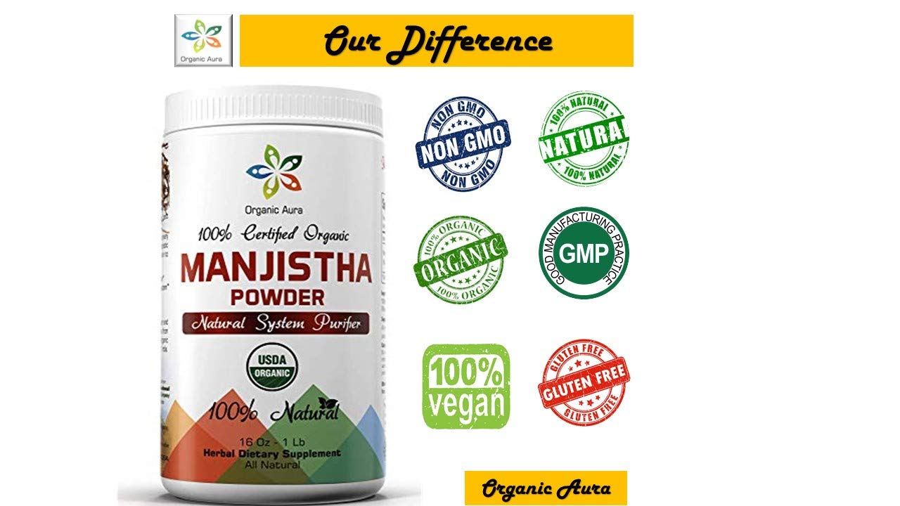 Organic Aura Premium Pure Manjistha Powder โ 16 oz (1 lb), USDA Certified Organic, 100% All Natural, Gluten Free