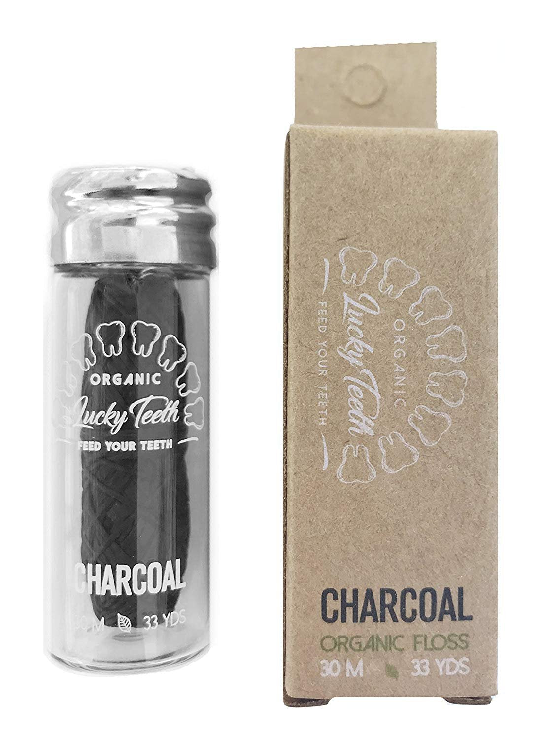 Organic Bamboo Charcoal Floss in Glass Jar โ Tea Tree & Peppermint | 30 m / 33 yds | Lucky Teeth