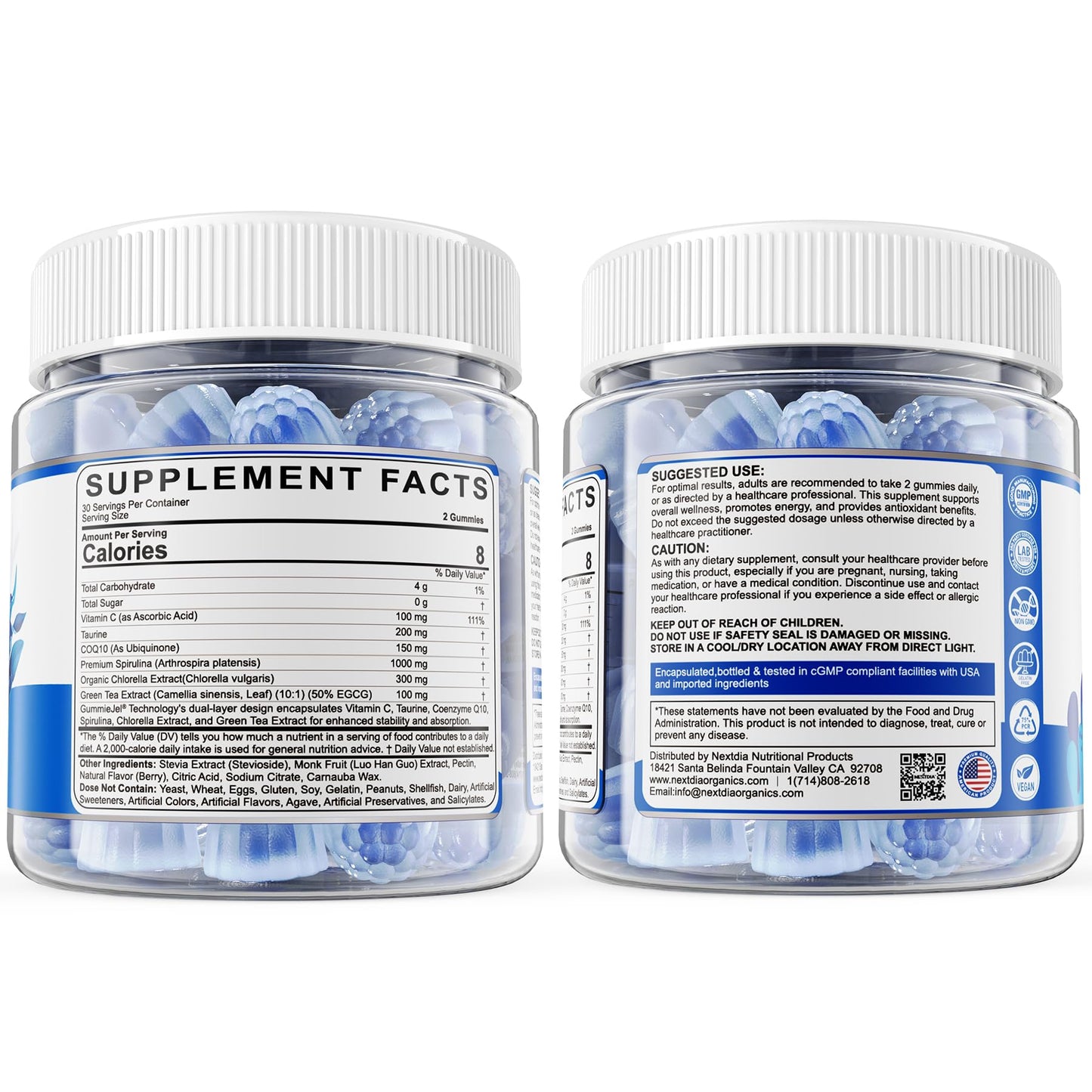 Organic Blue Spirulina Gummies โ High Phycocyanin, Chlorella & CoQ10 (60 Ct) โ Sugar Free