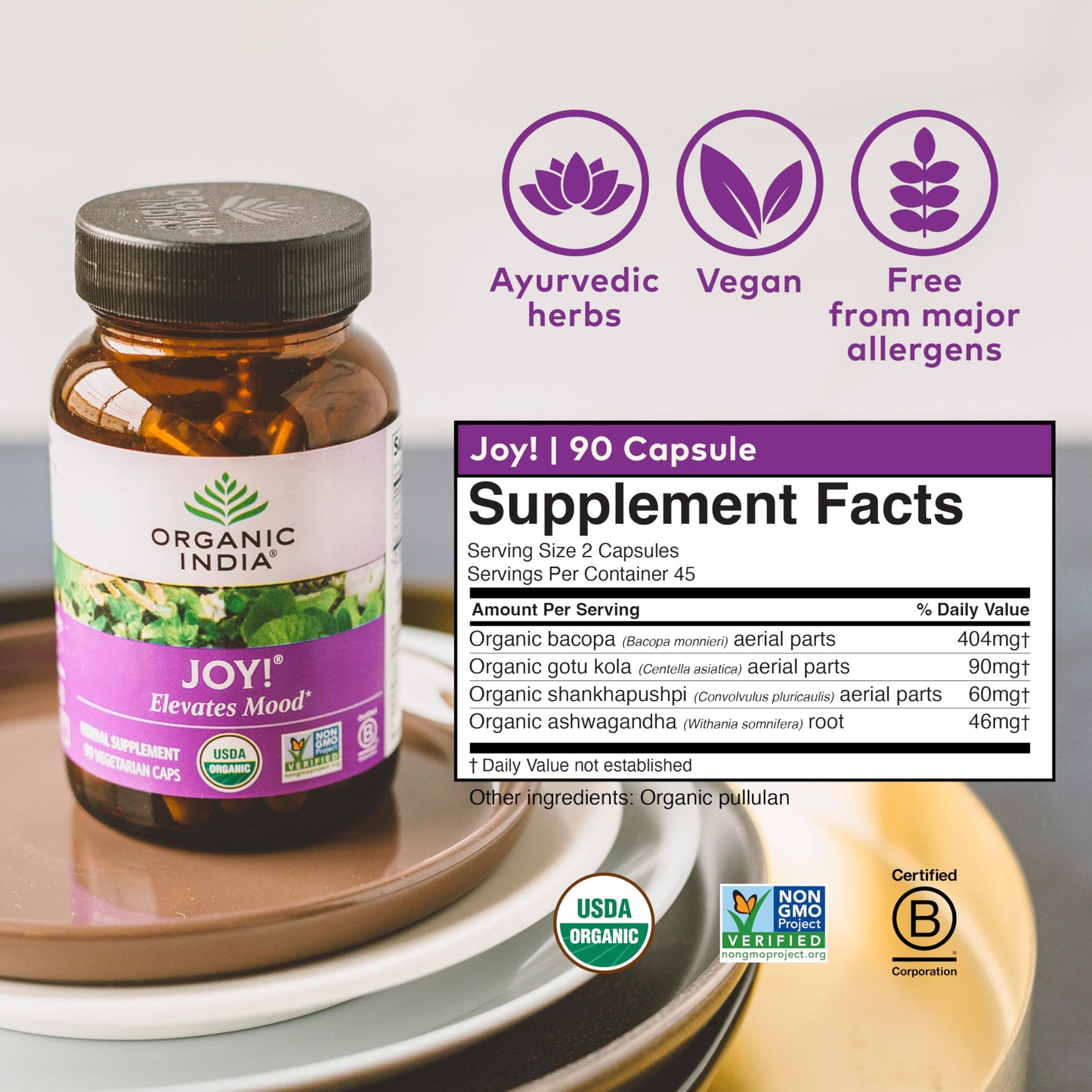 ORGANIC INDIA Joy Herbal Supplement โ Immune Support, Memory & Focus, Vegan, Gluten-Free, Kosher, USDA Organic, Non-GMO, 90 Capsules
