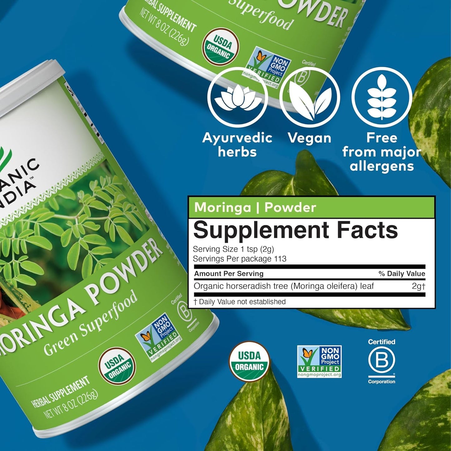 Organic India Moringa Powder โ Moringa Oleifera Leaf Green Superfood, 2-Pack, USDA Organic
