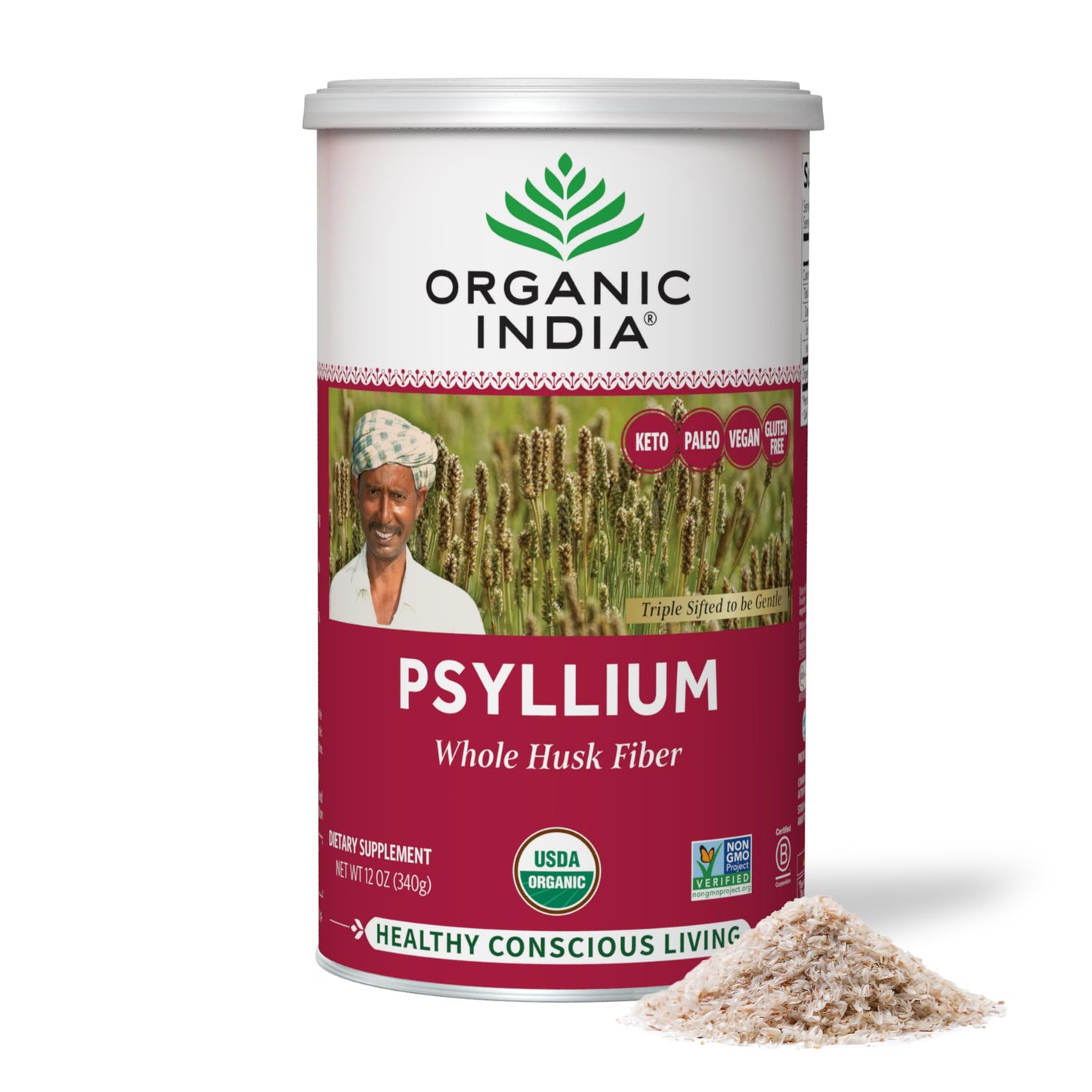 Organic India Psyllium Herbal Powder โ Whole Husk Fiber, 12 oz Canister, 3 Pack | Keto, Vegan, Gluten-Free, USDA Organic