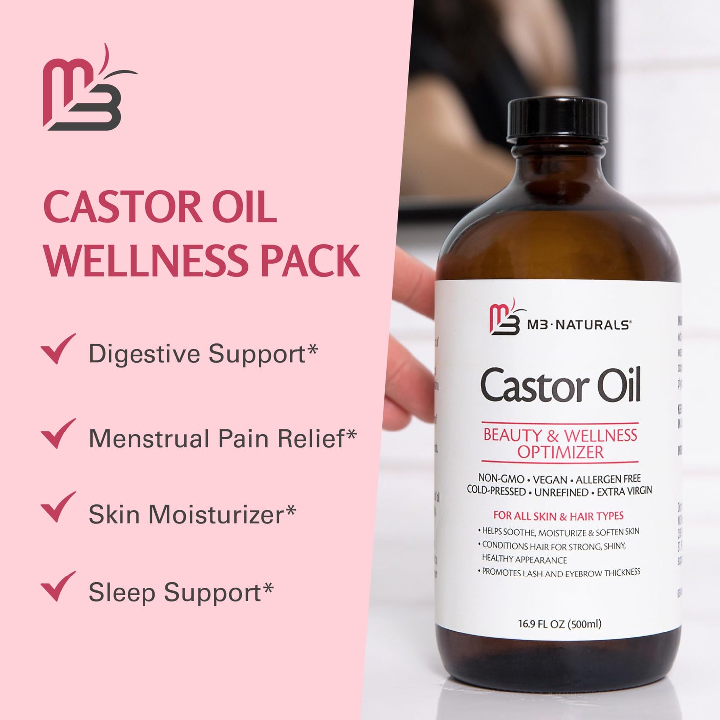 Pure Castor Oil Pack Kit, Large β Hexane-Free Cold-Pressed Castor Oil in Glass Bottle with Adjustable Reusable Organic Cotton Wrap | M3 Naturals