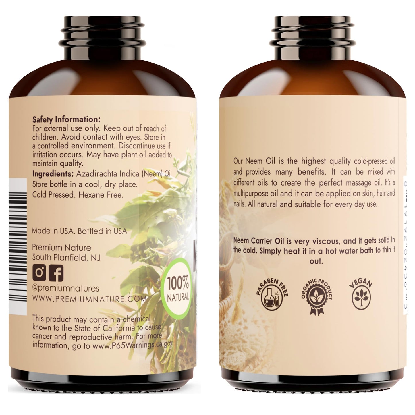 Organic Neem Oil 100% Pure Cold-Pressed โ Skin, Hair & Plants (4 oz)