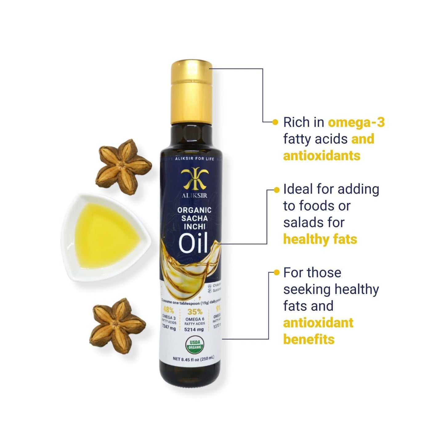 Organic Sacha Inchi Oil โ Amazonian Seed, Extra Virgin, Cold-Pressed | High Omega-3 & 100% Natural