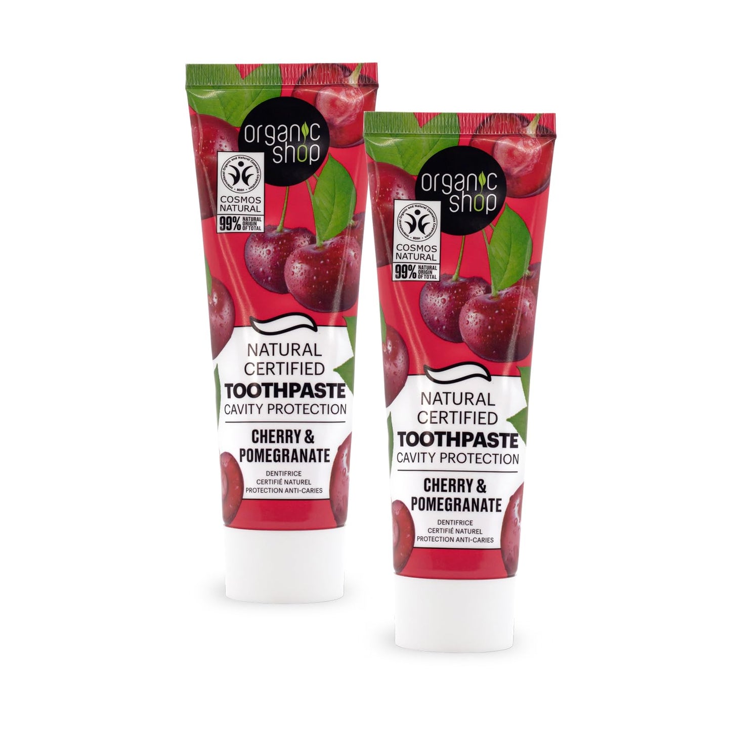 Organic Shop Cherry Toothpaste โ Cavity Protection, Natural Ingredients, Fluoride-Free, Vegan & COSMOS Natural Certified โ Pack of 2