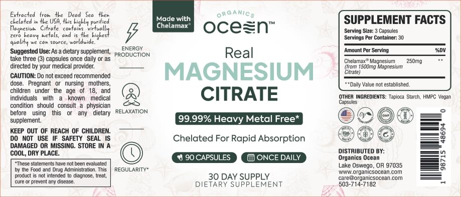 Organics Ocean Real Magnesium Citrate โ High-Absorption Chelated Magnesium for Energy, Relaxation, and Regularity โ 6 Pack