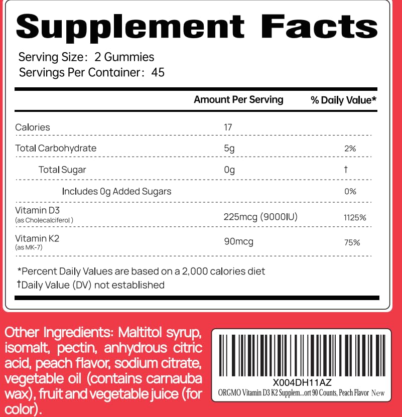 ORGMO Vitamin D3 K2 Gummies for Women โ Sugar Free, 9000IU, Peach Flavor | 90 Count