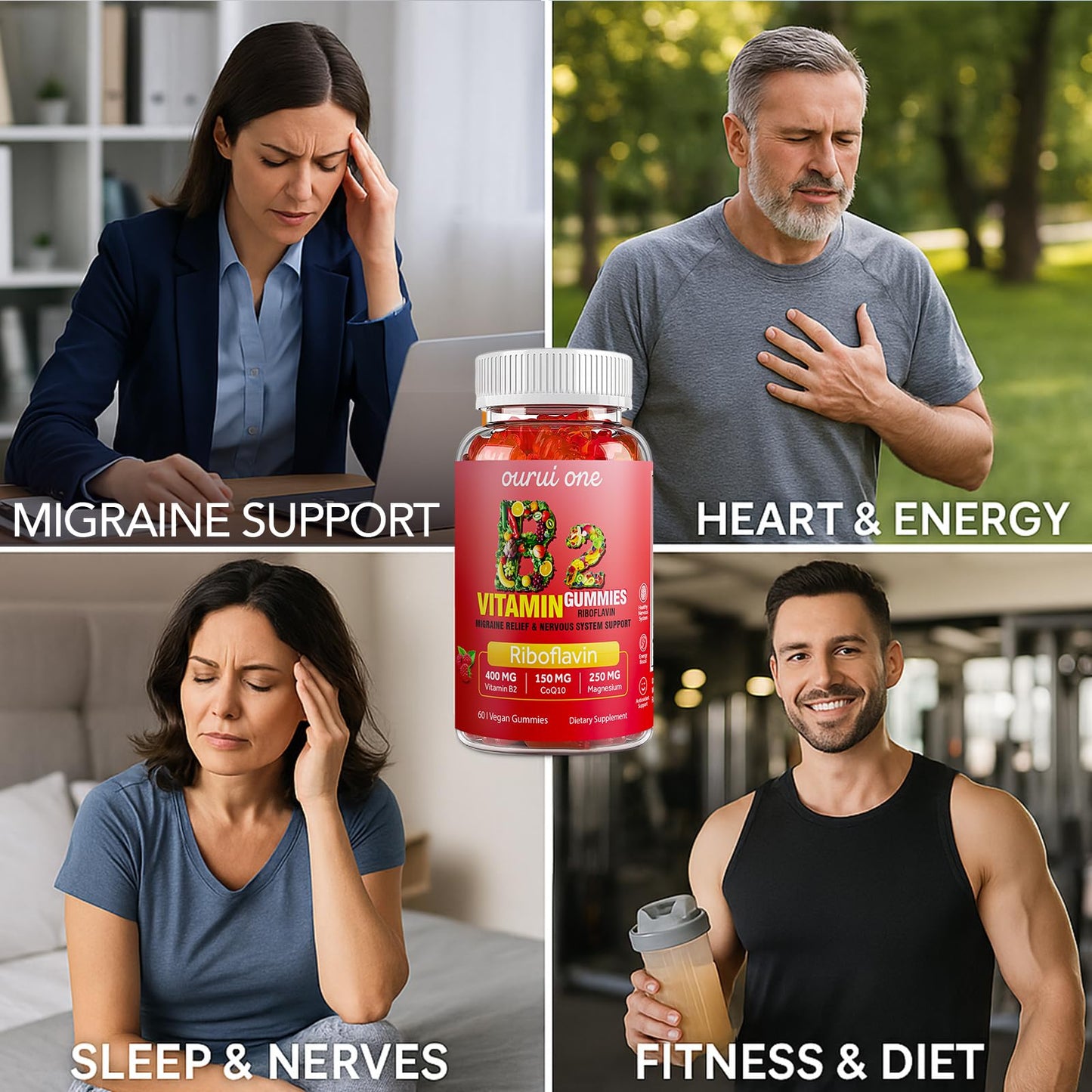 Ourui One Vitamin B2 Gummies 400mg โ Riboflavin 400mg with CoQ10 150mg, Magnesium 200mg | 60 Vegan Raspberry Gummies (Pack 2)