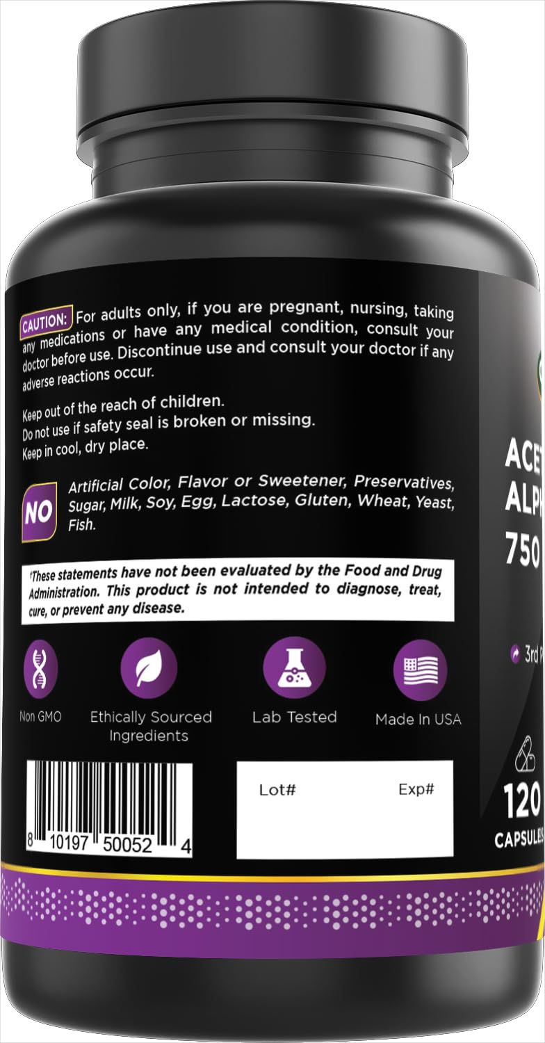 Oxify Acetyl L-Carnitine + Alpha Lipoic Acid 750 mg โ 120 Capsules, Gluten-Free, Made in USA