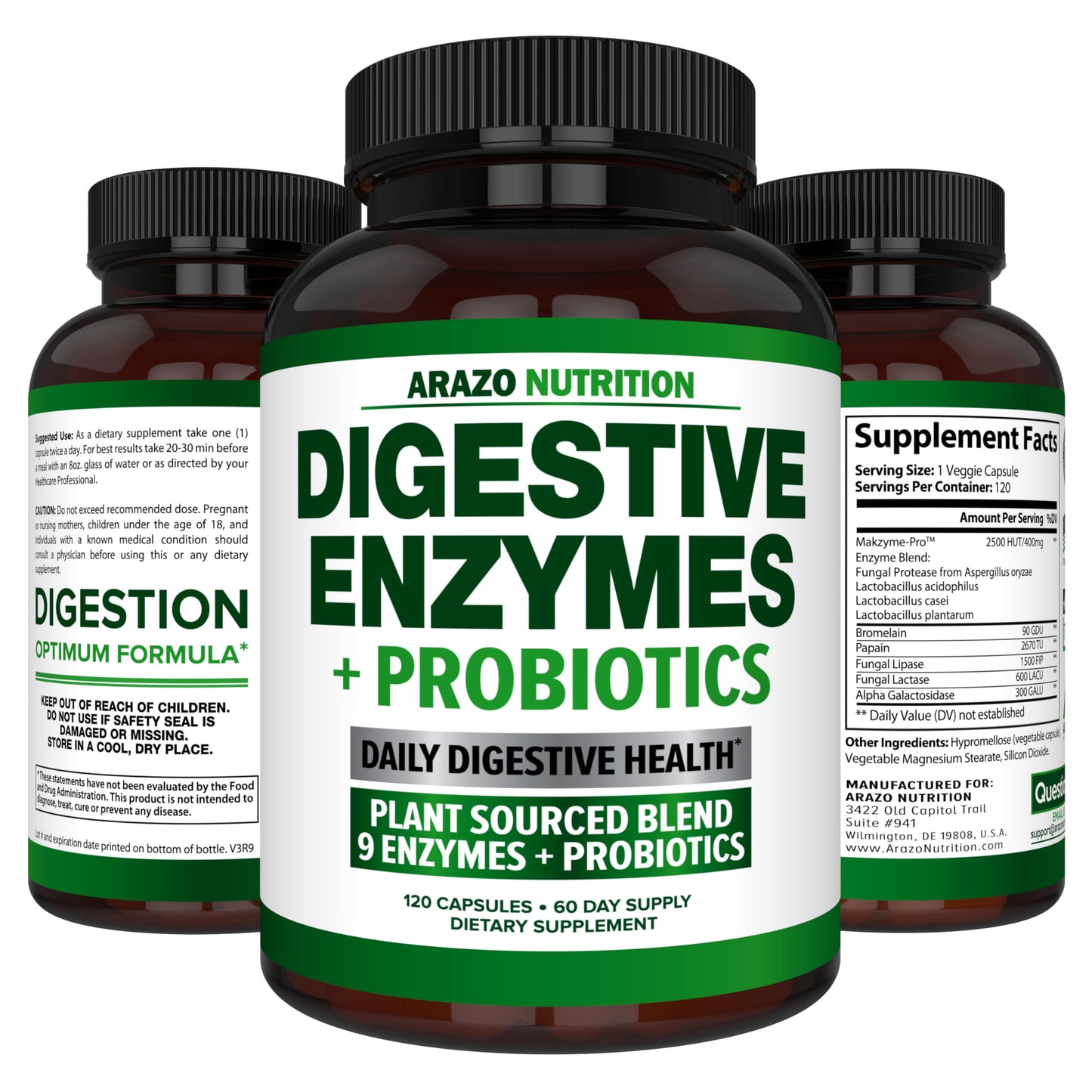 Arazo Nutrition Digestive Enzymes with Probiotics โ Multi-Enzyme Digestive Supplement (120 Pills x 2 Pack)