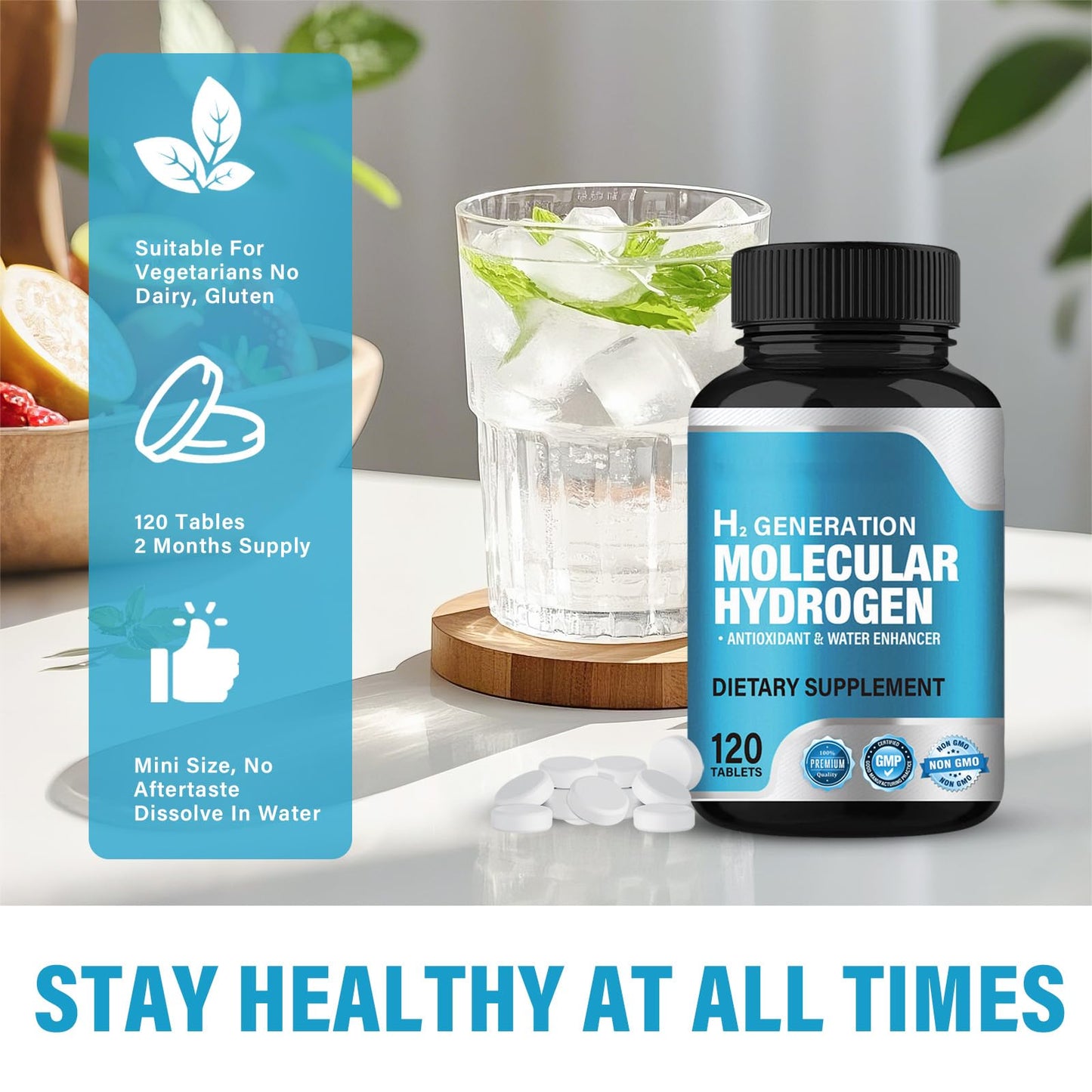 Hydrogen Water Tablets 12 ppm with Magnesium β Supports Brain Health & Cognitive Function | 120 Count (Pack of 1)