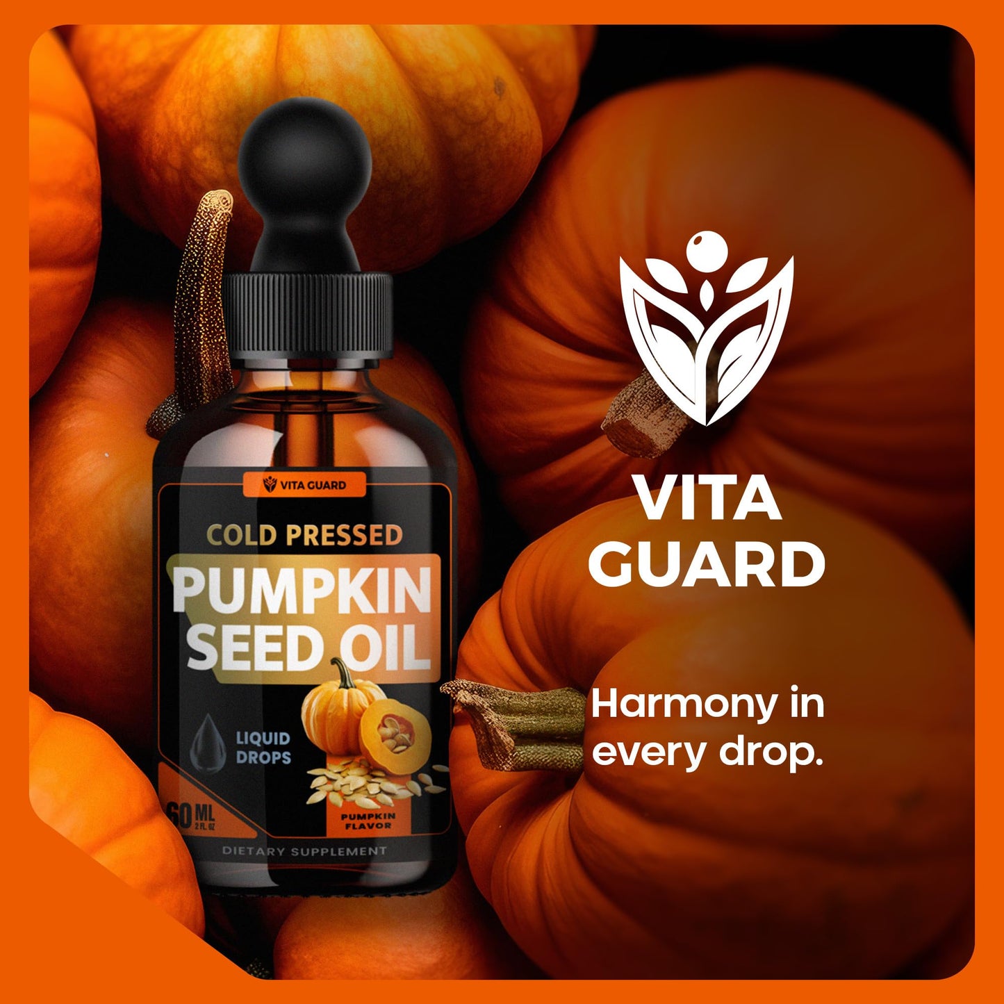 Vita Guard Cold Pressed Pumpkin Seed Oil Liquid Drops โ 2000mg per Serving | Vegan, Gluten-Free, Non-GMO | Hair, Skin & Prostate Support | Natural Pumpkin Flavor | 60ml Dietary Supplement