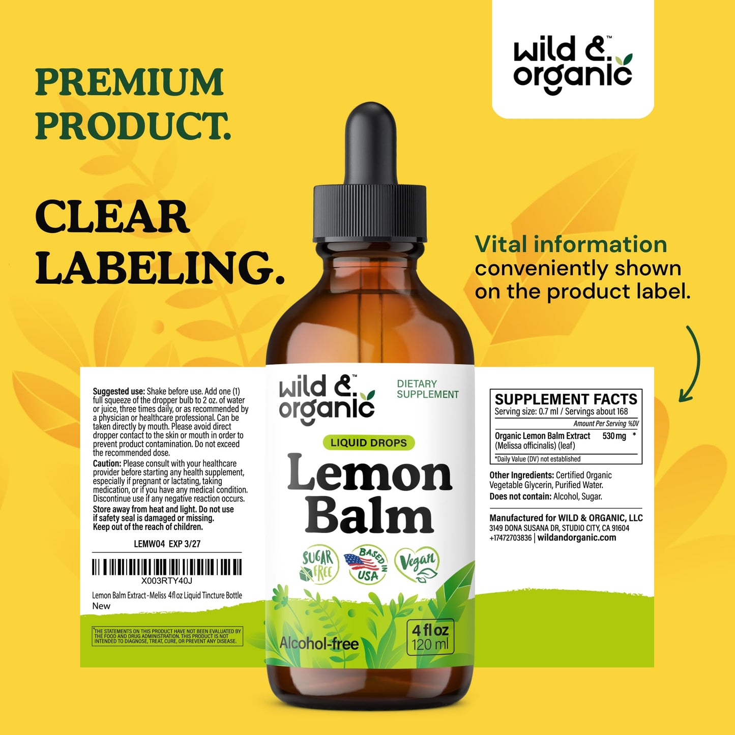 Wild & Organic Lemon Balm Tincture โ Mood Support, Melissa Leaf Extract Drops, Vegan, Sugar & Alcohol-Free, 4 fl oz