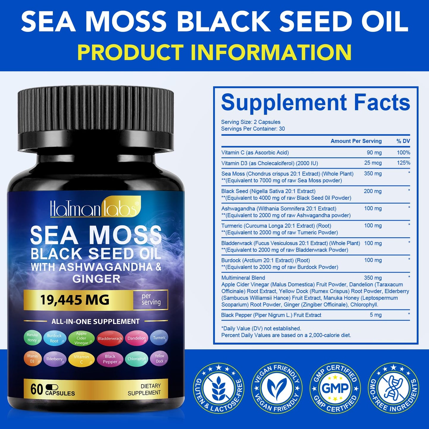 Sea Moss Black Seed Oil Ashwagandha Ginger Turmeric Capsules & Gummies โ 60 Count
