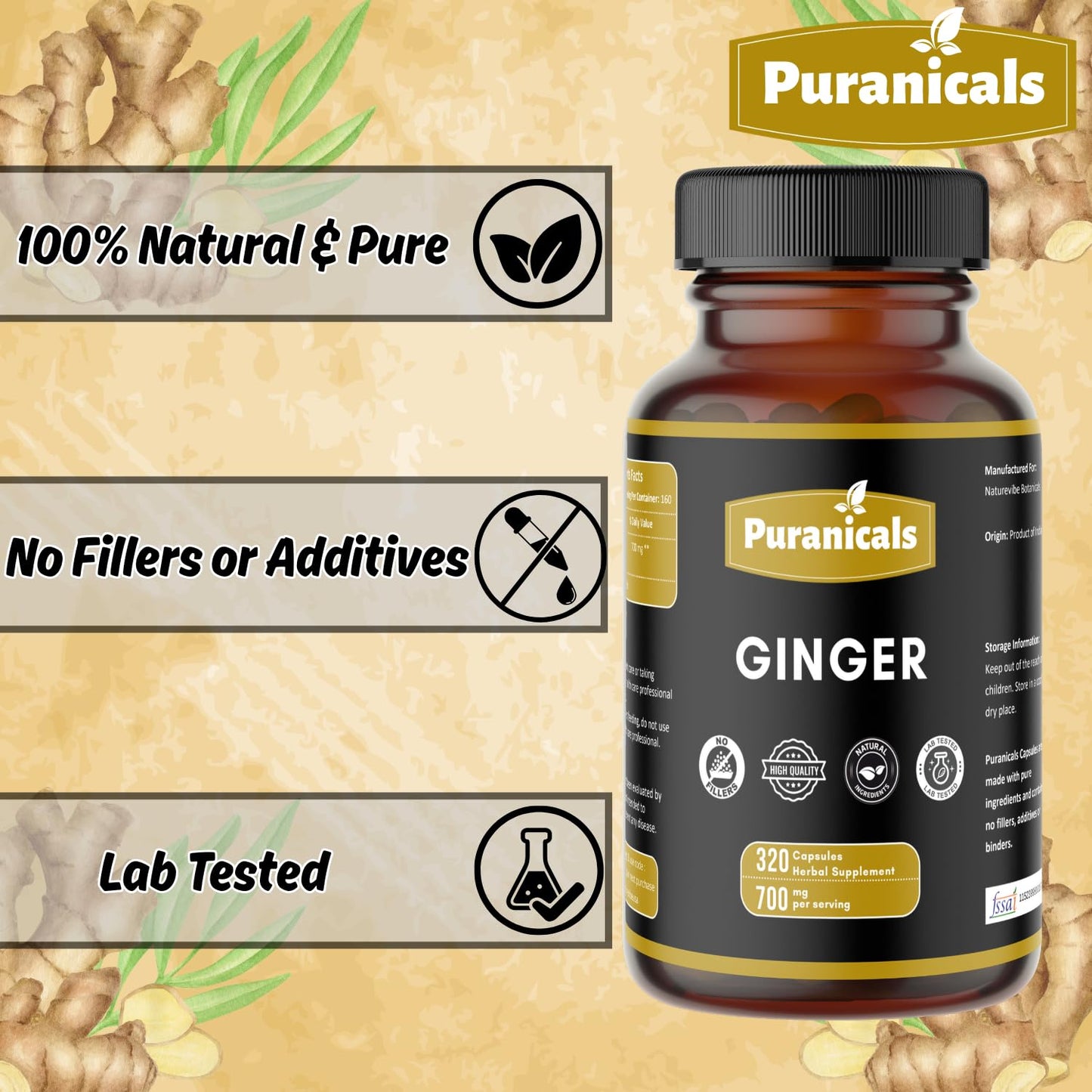 Puranicals Ginger Premium 320 Capsules โ Non-GMO, Gluten Free, 700 mg per Serving, 100% Pure Ginger Root Powder
