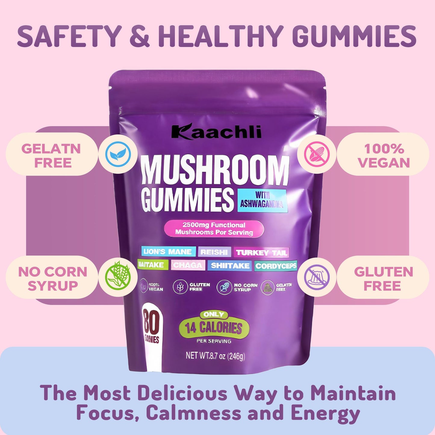 KAACHLI Ashwagandha & 8 Mushroom Blend Gummies 500mg | Focus, Energy & Cognitive Boost โ 80 Count