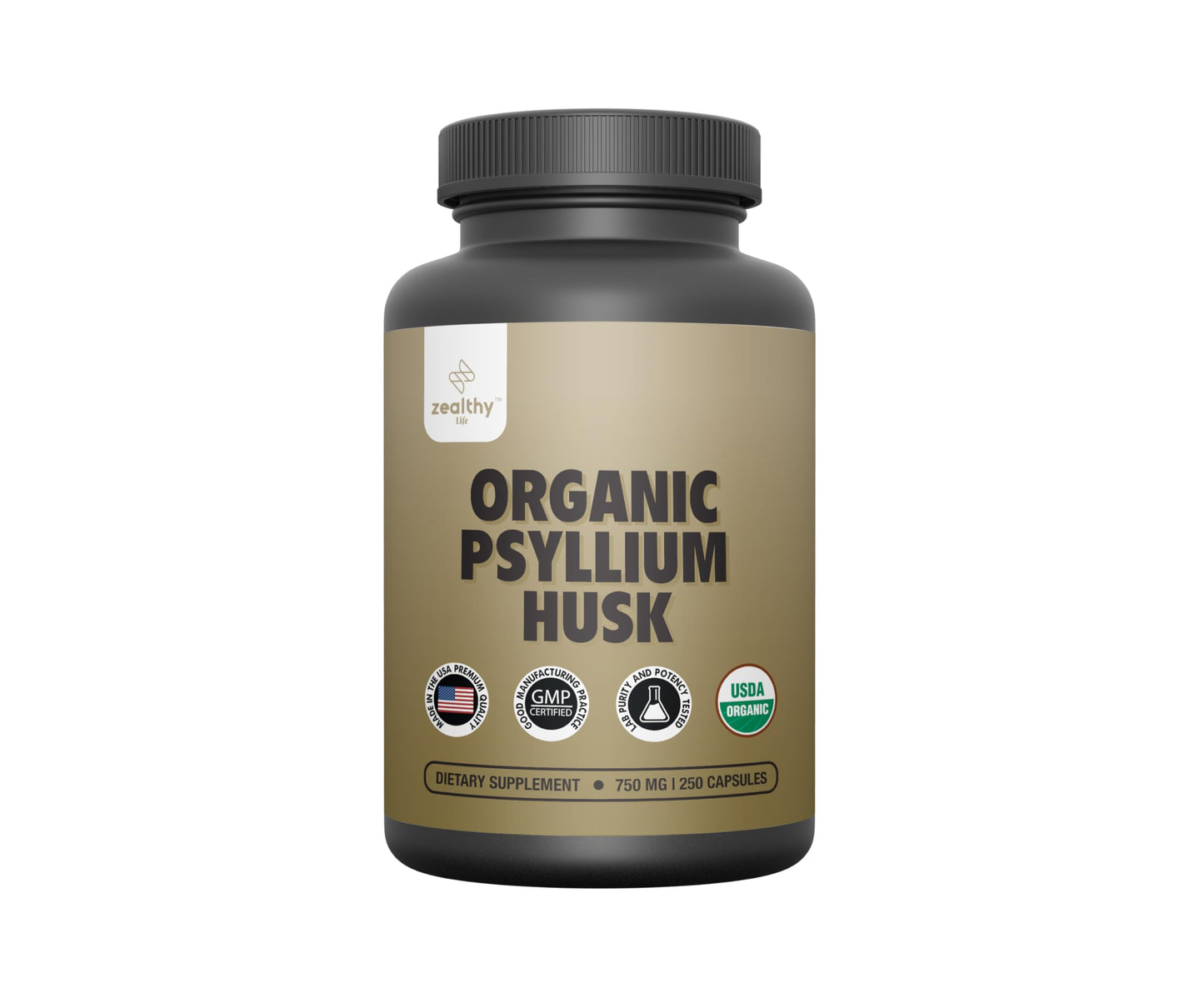 Organic Psyllium Husk Capsules 750 mg โ Natural Fiber for Gut Health | Zealthy Life, 250 Capsules