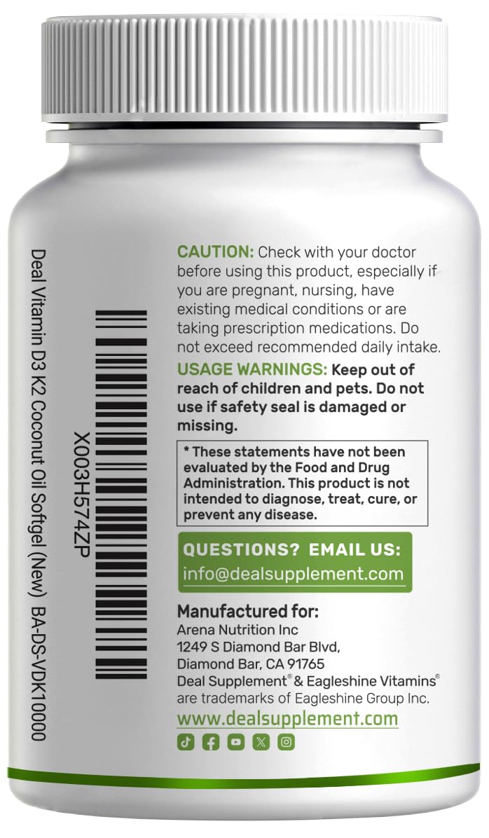 DEAL SUPPLEMENT Vitamin D3 10,000 IU + K2 MK7 200mcg Softgels โ 2-in-1 Coconut Oil Carrier, 250 Count