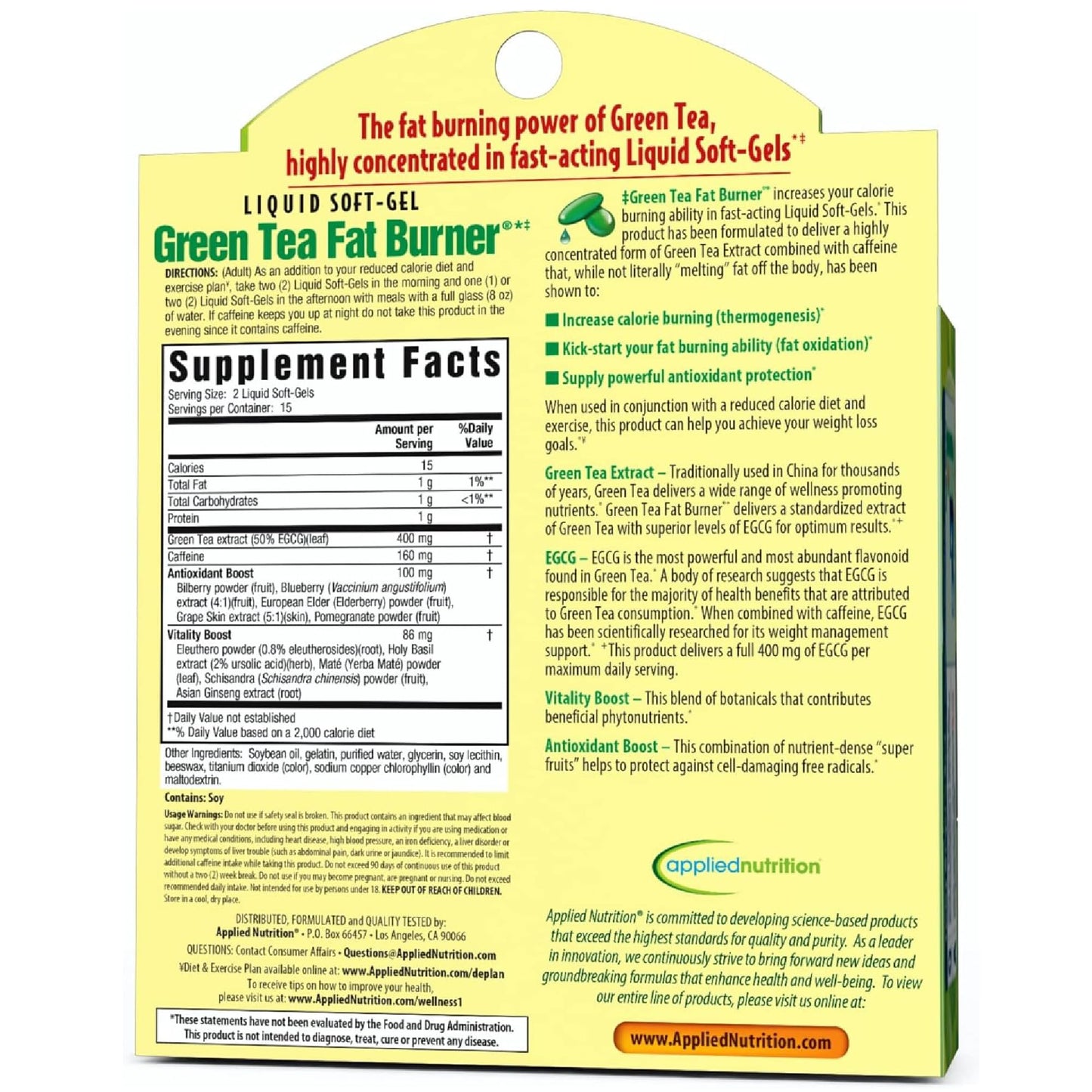 Applied Nutrition Green Tea Fat Burner โ EGCG 400 mg + Green Coffee Bean Extract