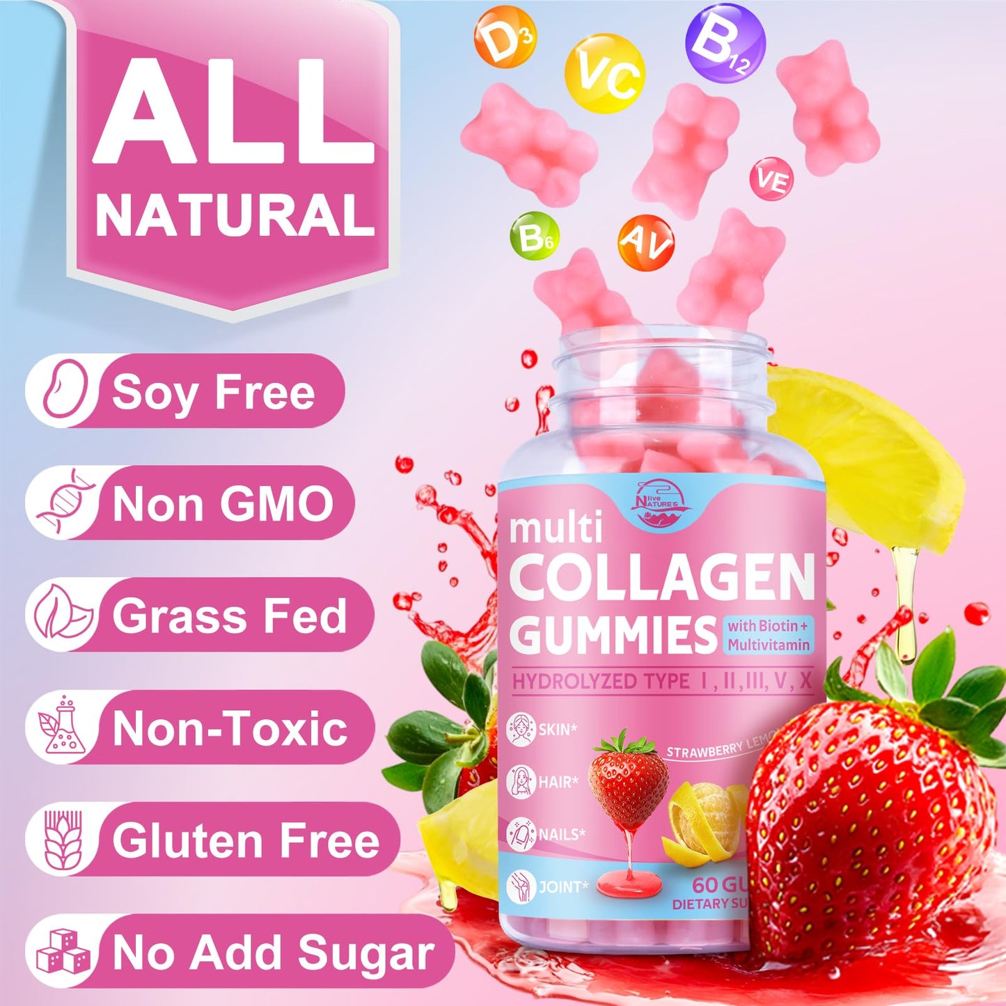 Multi Collagen Peptides Gummies Type I-V, X with Biotin & Hyaluronic Acid โ Supports Skin, Hair & Nails | 60 Count, 1 Pack