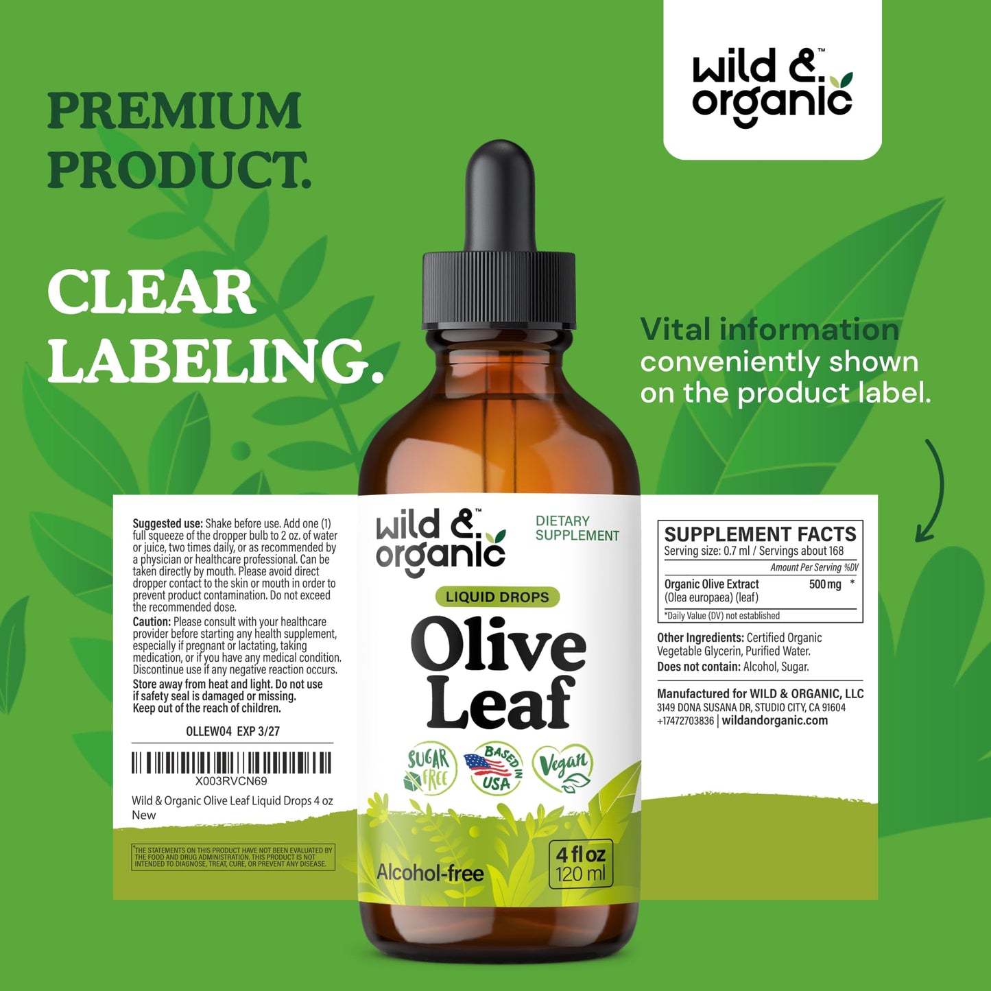 Wild & Organic Olive Leaf Liquid Extract โ Immune Support | Vegan, Alcohol-Free | 4 fl oz