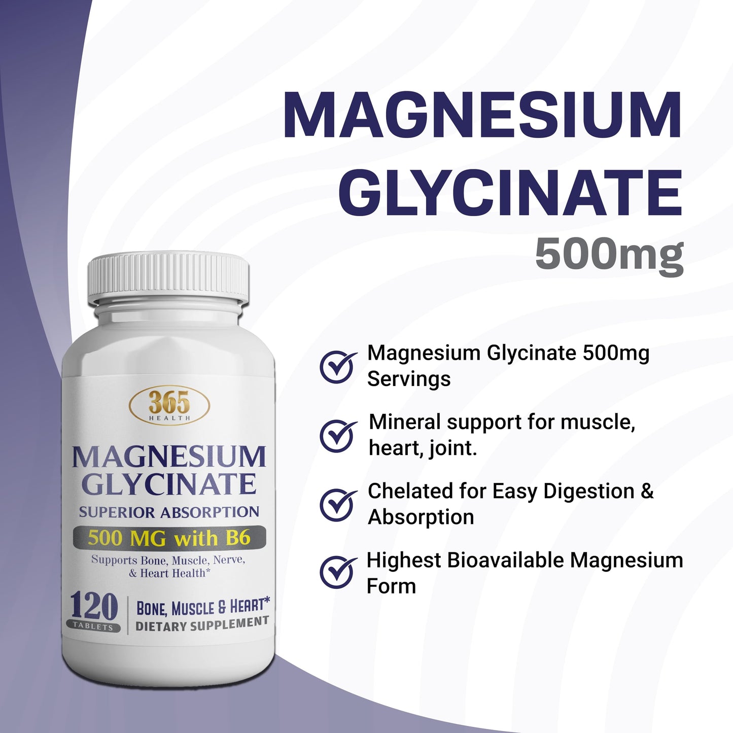 365 Health Magnesium Glycinate 500mg โ 120 Vegetarian Tablets | Non-GMO, Gluten Free