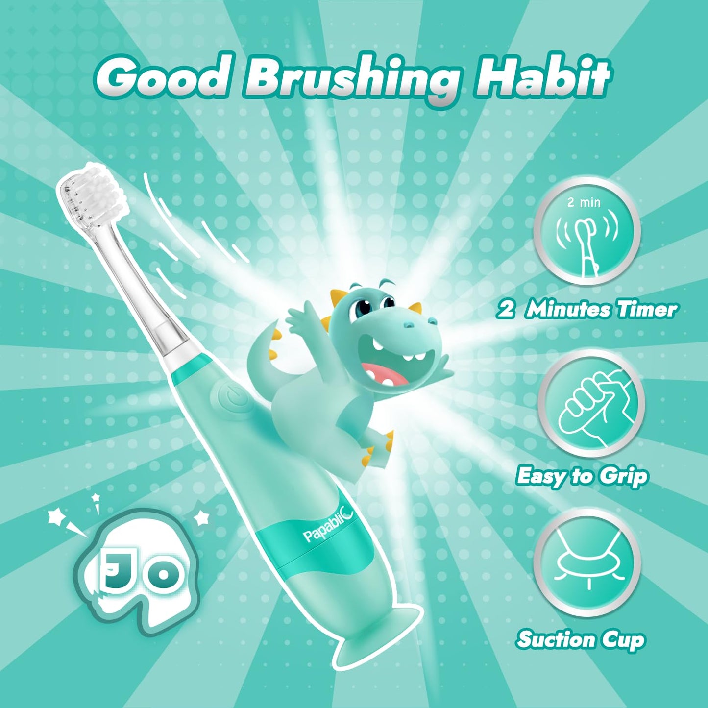 Papablic Jo Toddler Sonic Electric Toothbrush (Ages 1-3) β Dino Cover, 4 Brush Heads, LED Timer