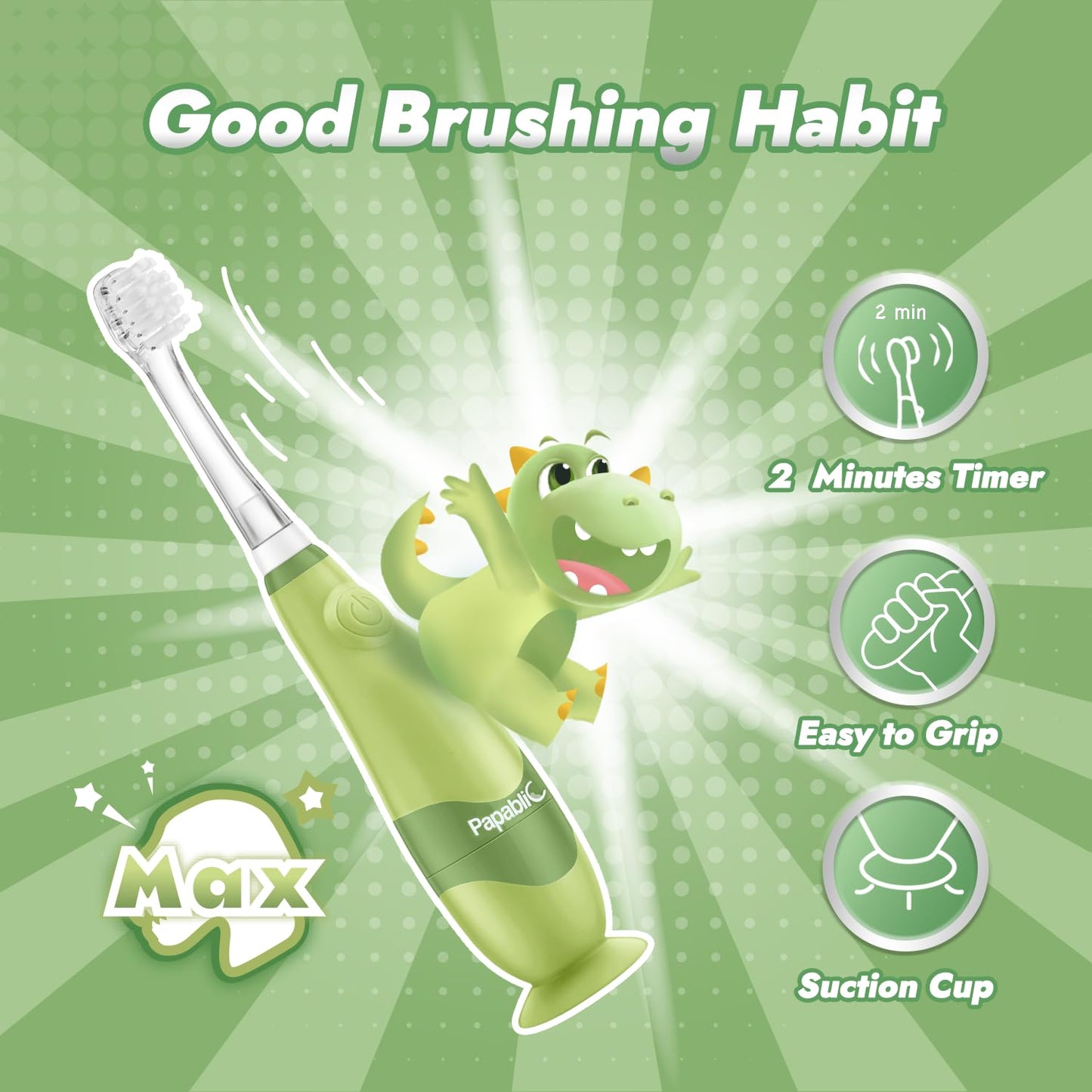 Papablic Toddler Sonic Electric Toothbrush for Ages 1-3 โ Dino Cover & LED Timer
