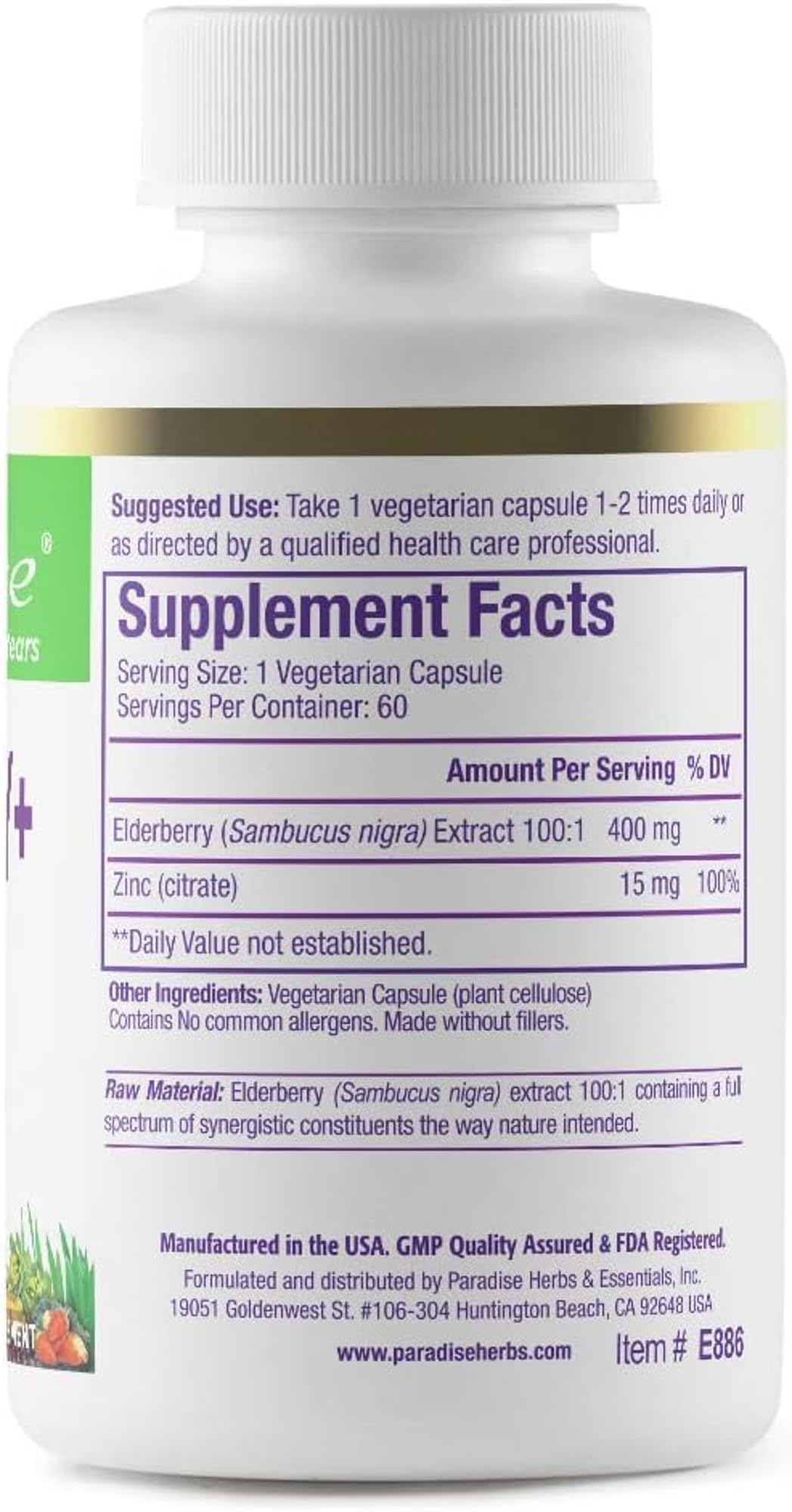 Paradise Herbs Elderberry with Zinc Extract โ Immune Support, 60 Veg Capsules