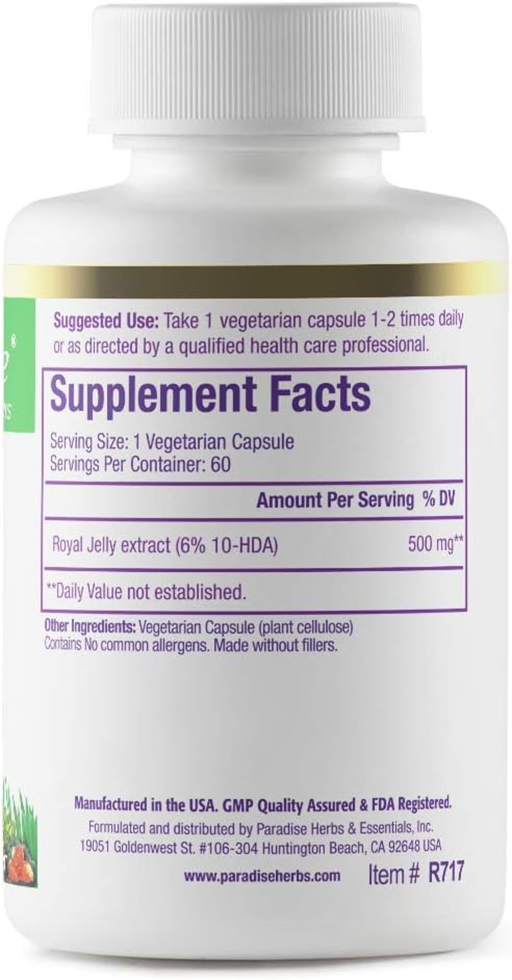 Paradise Herbs Royal Jelly Golden Emperor โ Ultra Pure, Vegan, Gluten Free, Non-GMO | 60 Count Vegetarian Capsules