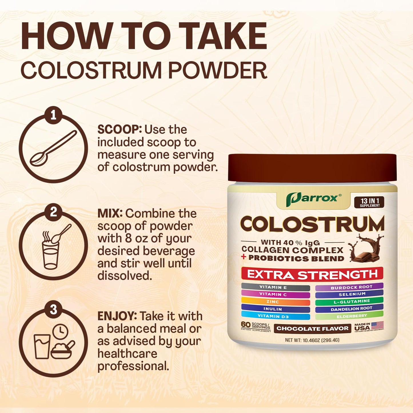 Parrox Colostrum Powder 40% IgG โ 60 Servings (Chocolate) | Probiotics, Collagen & Vitamins