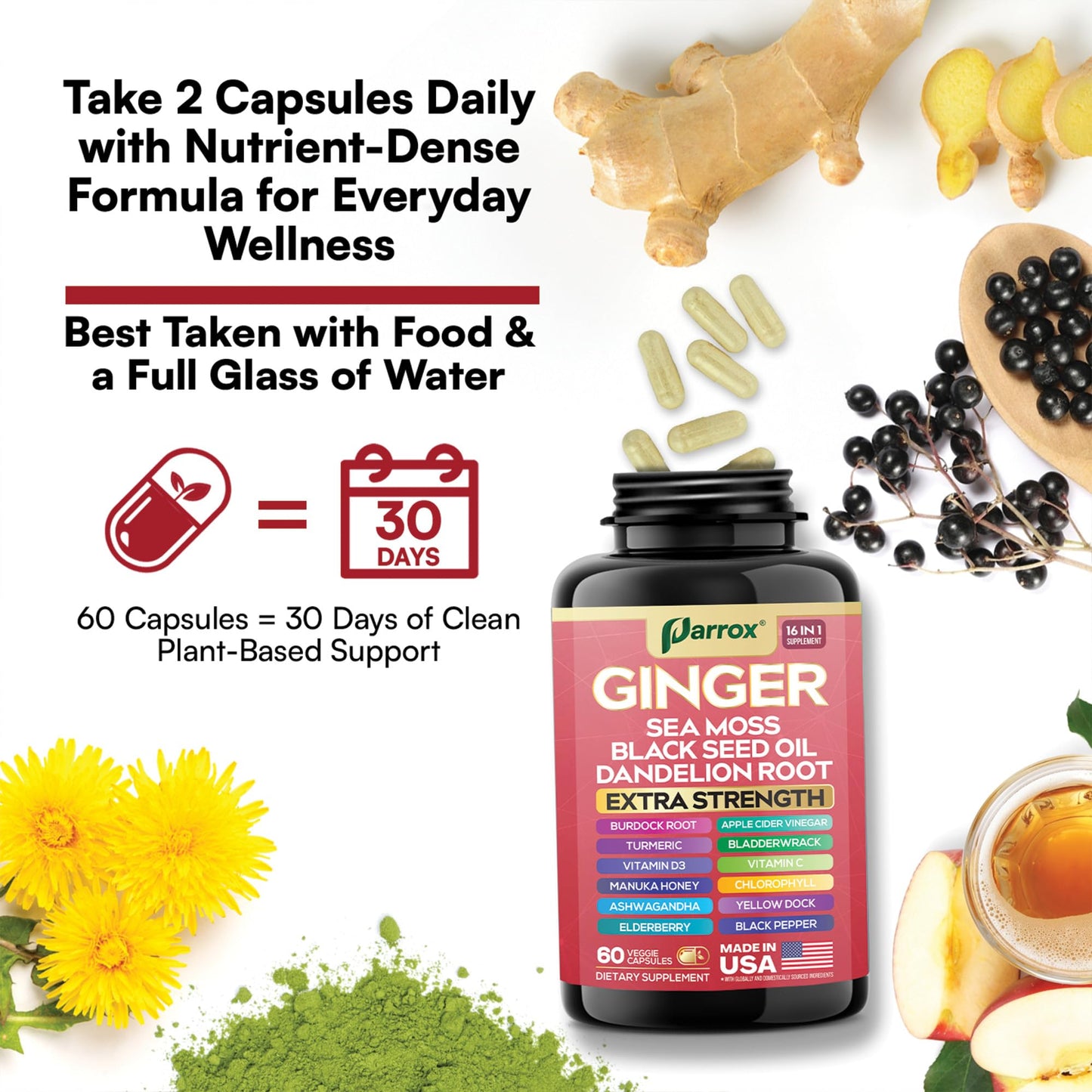 Parrox Ginger 16-in-1: Ginger, Turmeric, Sea Moss, Black Seed Oil โ 60 Capsules
