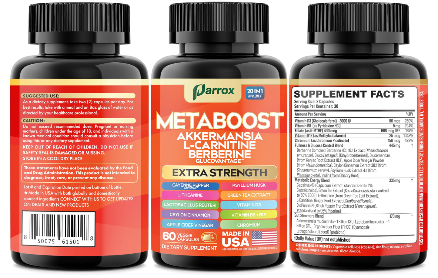 Parrox GLP-1 Booster โ 20-in-1 Plant-Based Formula (60 Caps) with Akkermansia & Probiotics