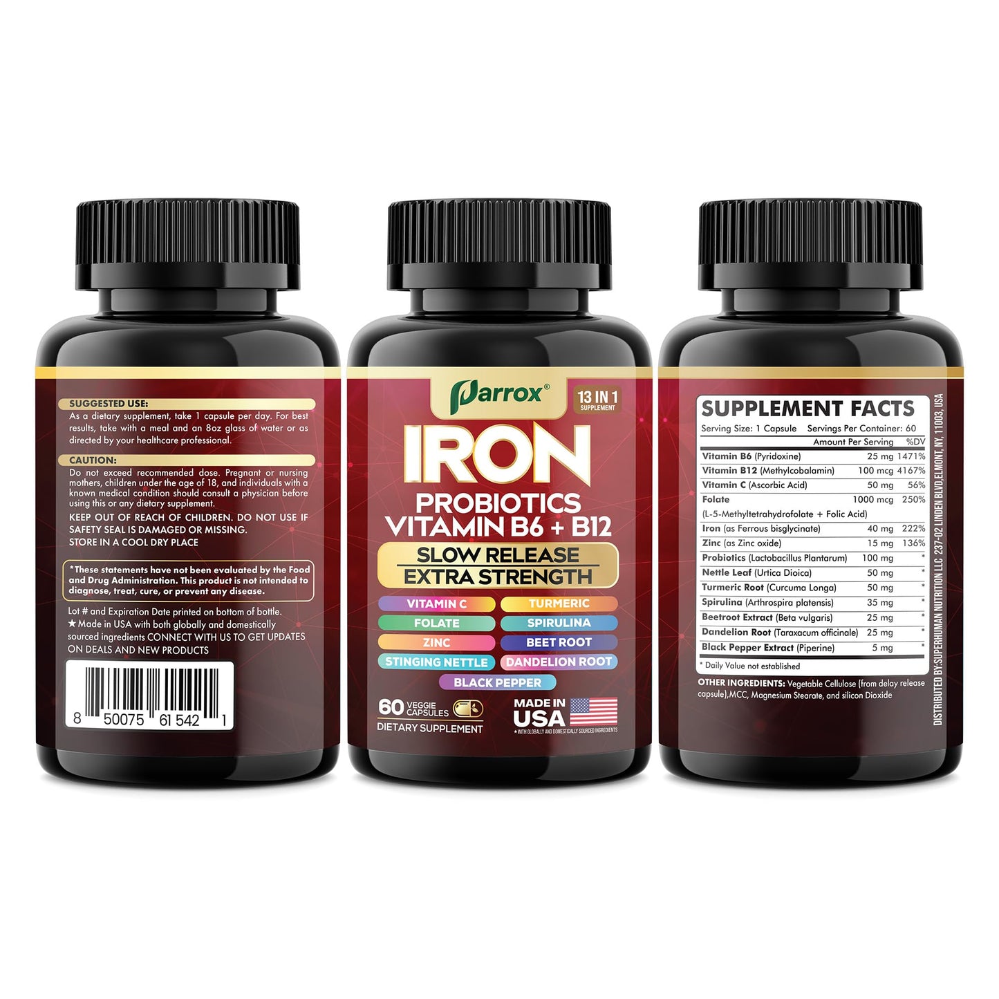 Parrox Iron Supplement โ Slow-Release Iron & Probiotics, 60 Vegan Capsules