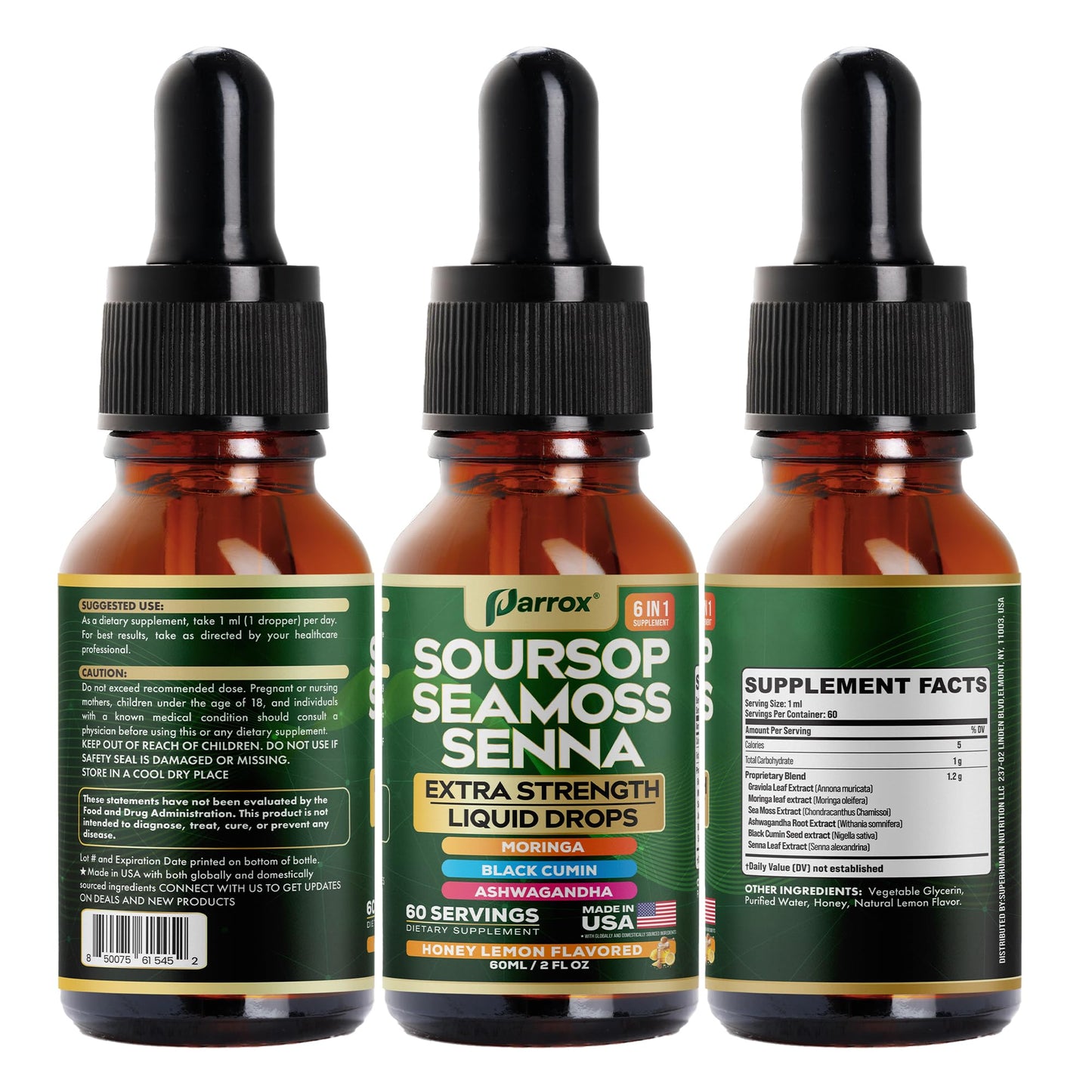 Parrox Soursop Seamoss Drops โ 6-in-1 Liquid, Extra Strength, Honey Lemon, 60 Servings