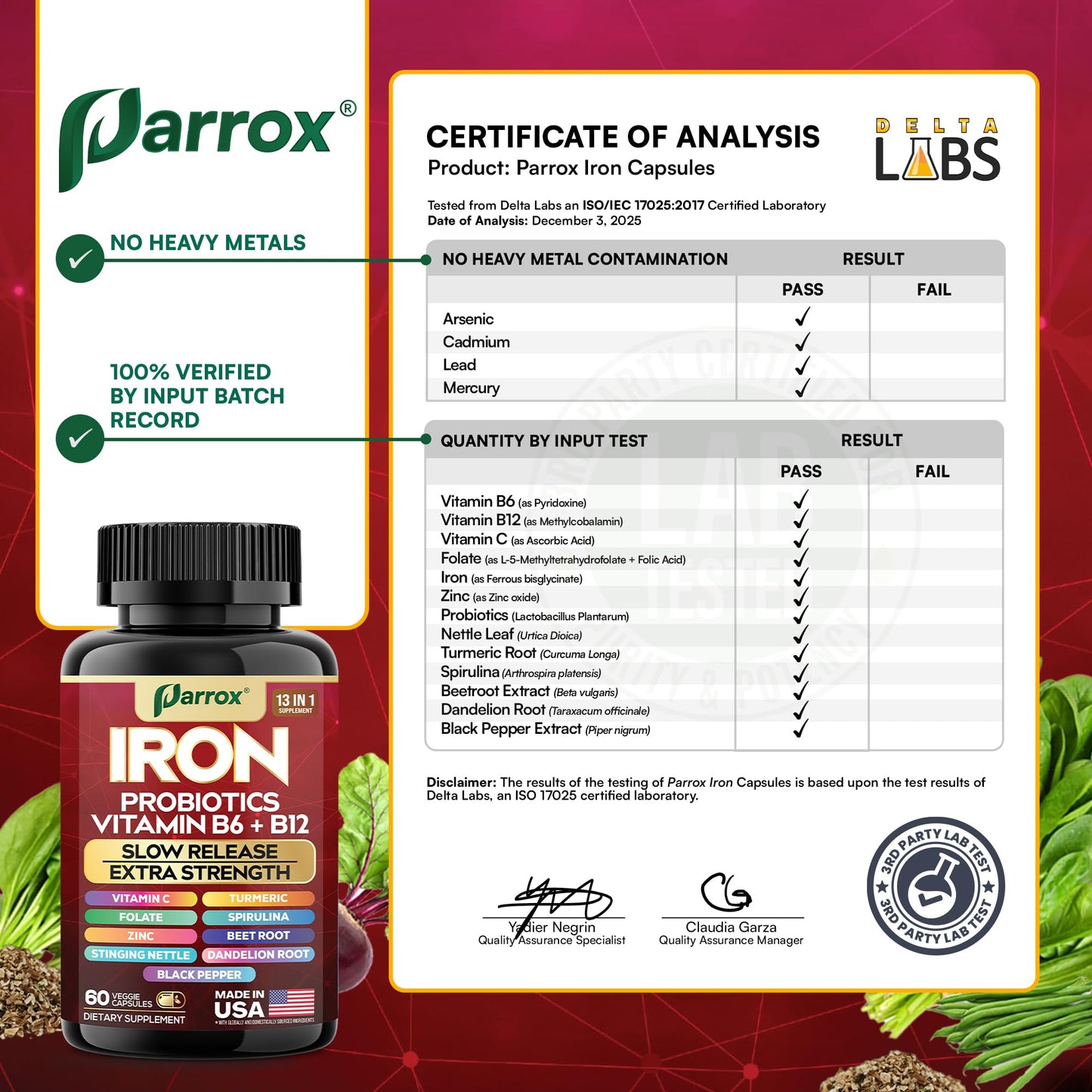 Parrox Elemental Iron 13-in-1 β Slow-Release Iron, Probiotics, B Vitamins, Beetroot & Turmeric (3-Pack, 60 Capsules)