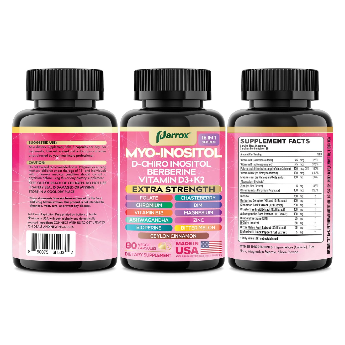 Parrox Myo-Inositol 16-in-1 Supplement โ 2 Pack with D-Chiro Inositol, Berberine, D3 + K2