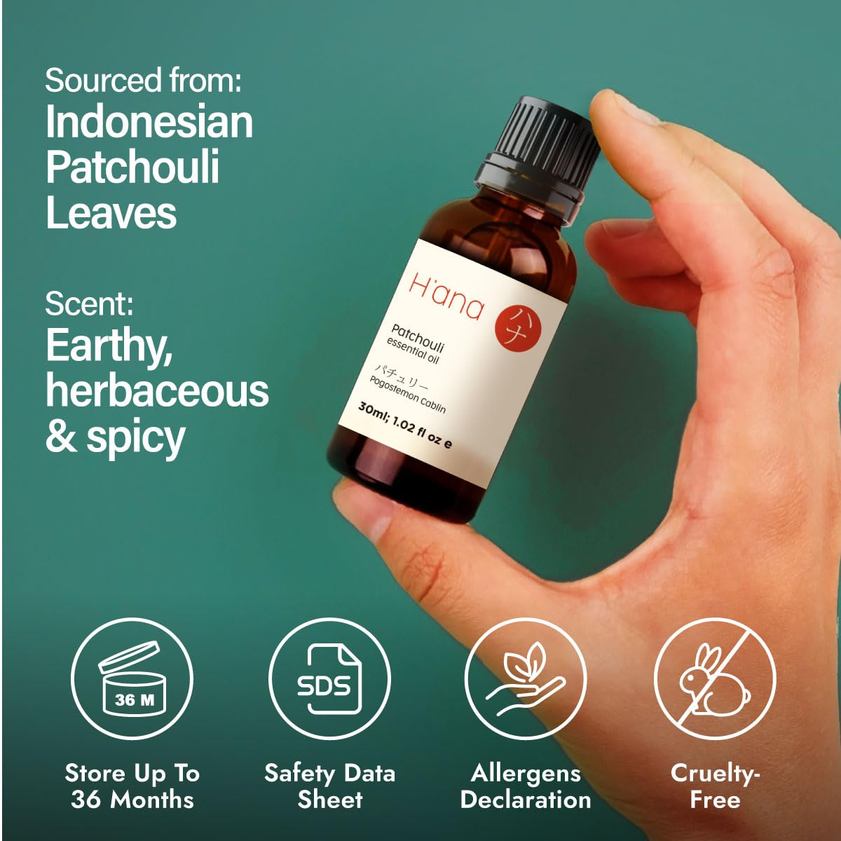 H'ana Patchouli Essential Oil โ 1.02 fl oz | Hair, Skin, Diffuser & DIY