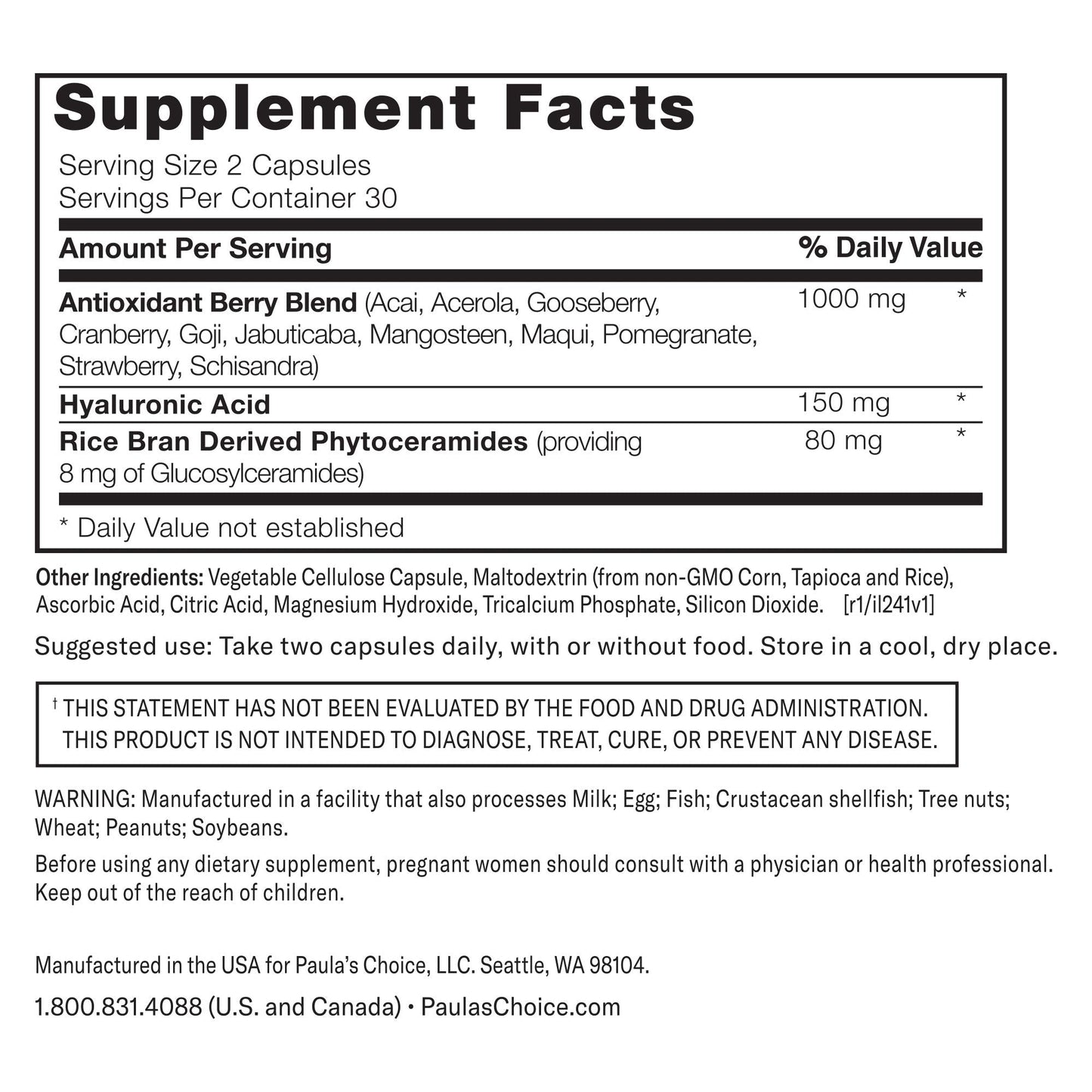 Paula's Choice HA + Ceramide Dietary Supplement โ Collagen Support, Gluten-Free & Soy-Free, 60 Vegan Capsules