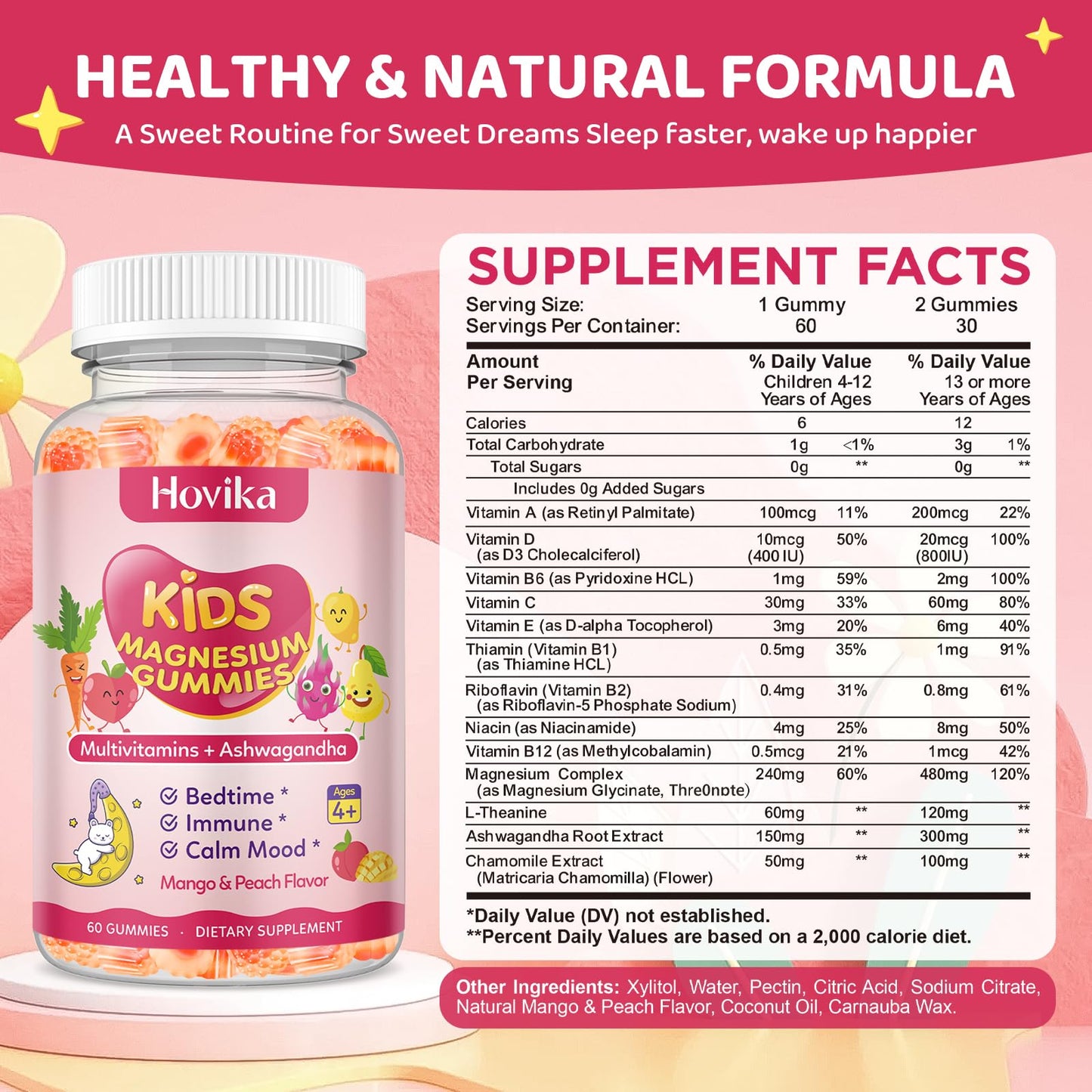 Magnesium Glycinate Gummies for Kids β Calm Sleep & Focus | L-Theanine, Chamomile & B Vitamins (Peach & Mango) 60 ct