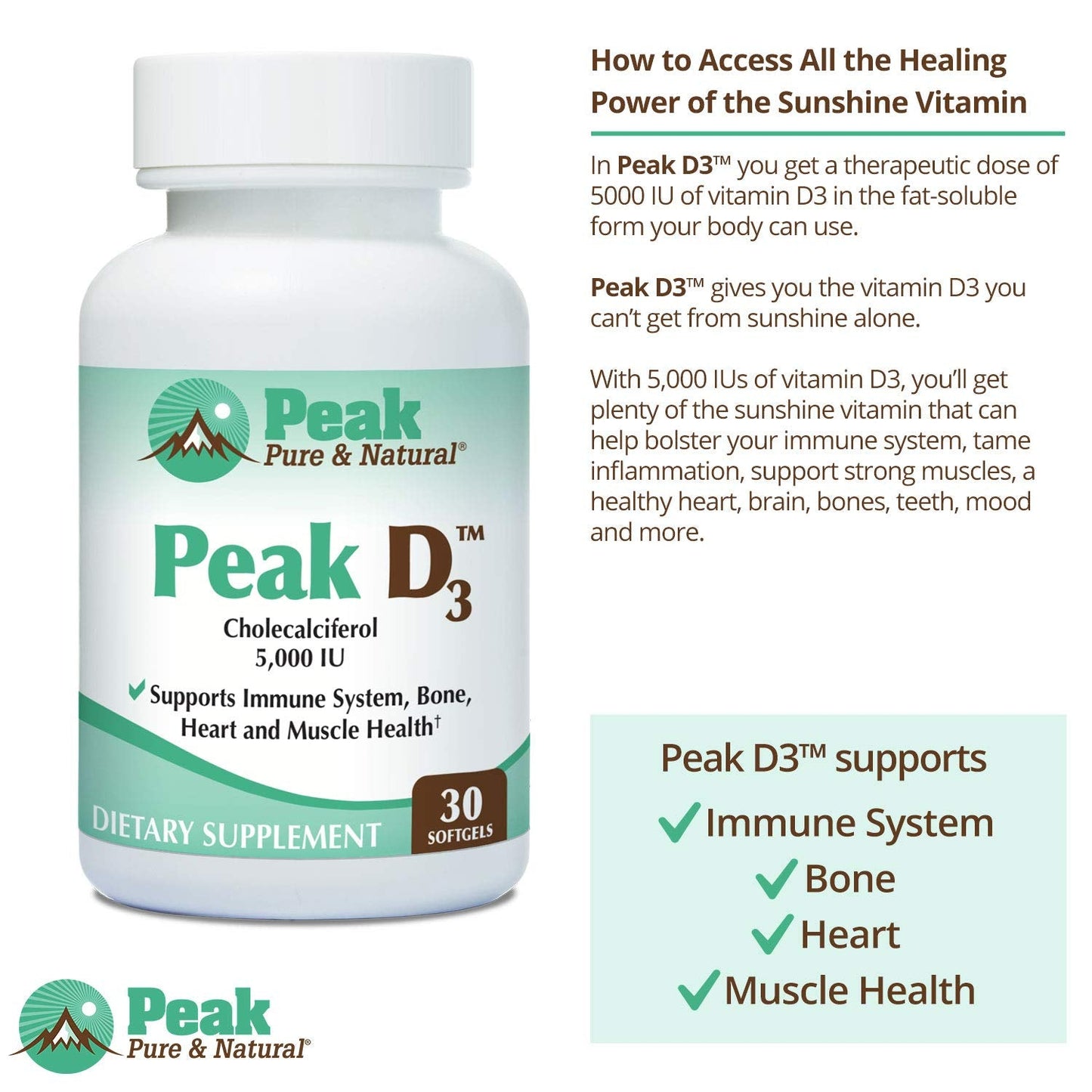 Peak D3 5000 IU Vitamin D3 โ Immune Support, Heart Health & Energy | 30 Capsules