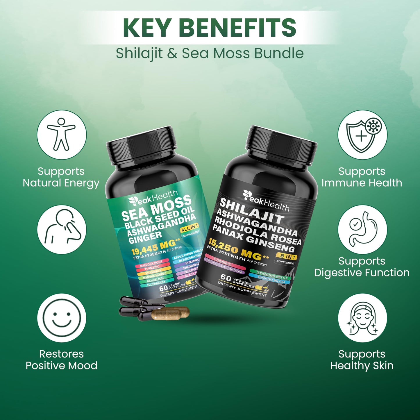 Peakhealth Shilajit Sea Moss & Black Seed Oil Capsules โ 2 Bottle Combo (60 Capsules Each)
