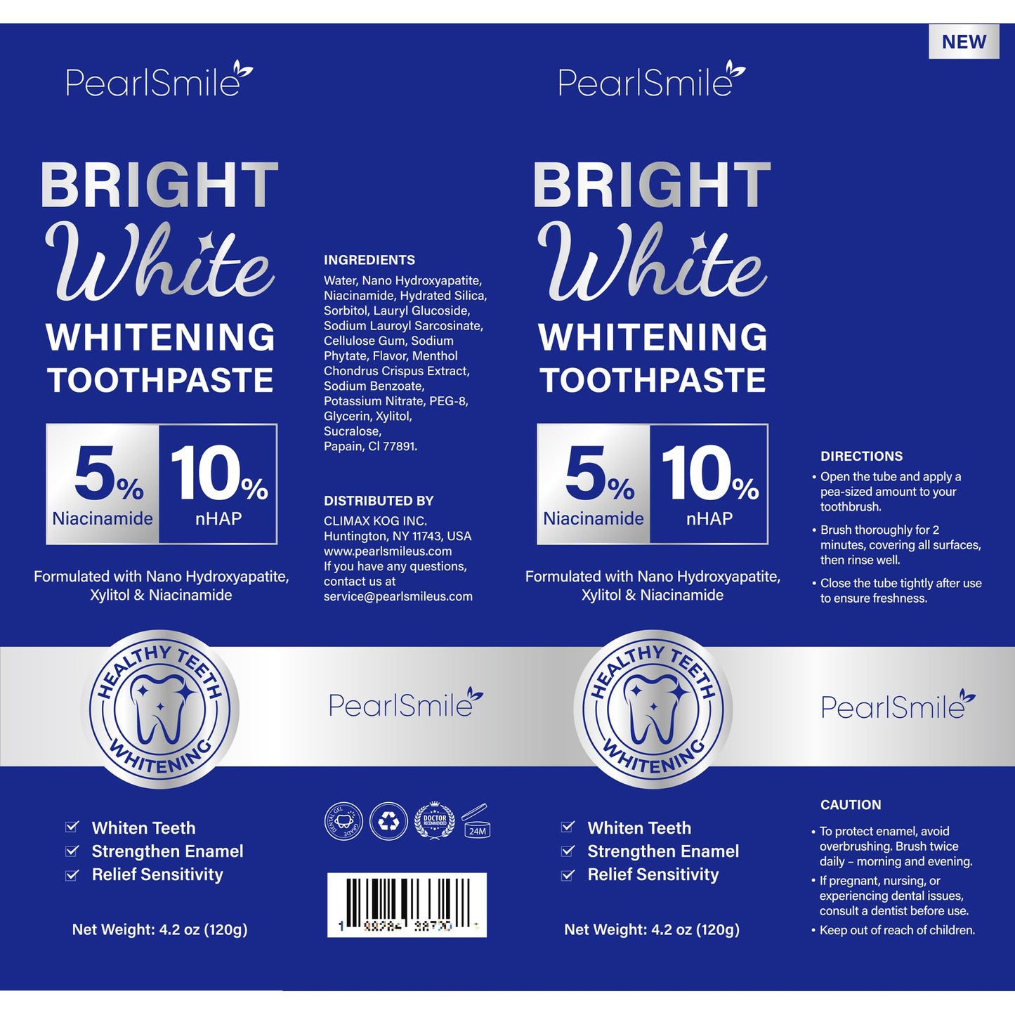 PearlSmile Whitening Toothpaste โ 10% nHAp + 5% Niacinamide, Fluoride-Free, 4.2oz