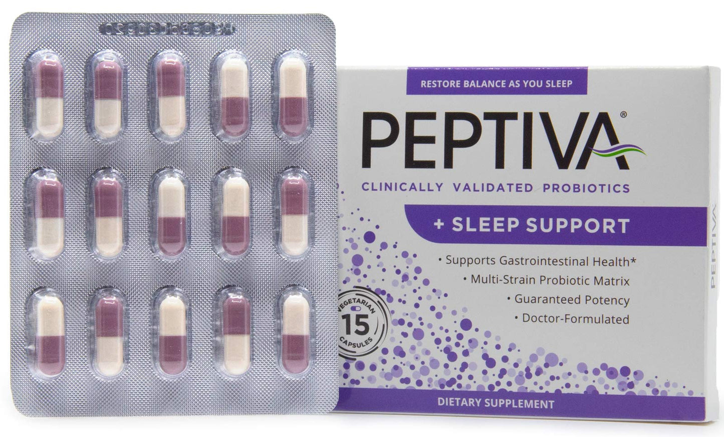 Peptiva 26 Billion CFU Probiotic and Sleep Support โ Clinically Validated Multi-Strain Probiotic + Melatonin โ 15 Count