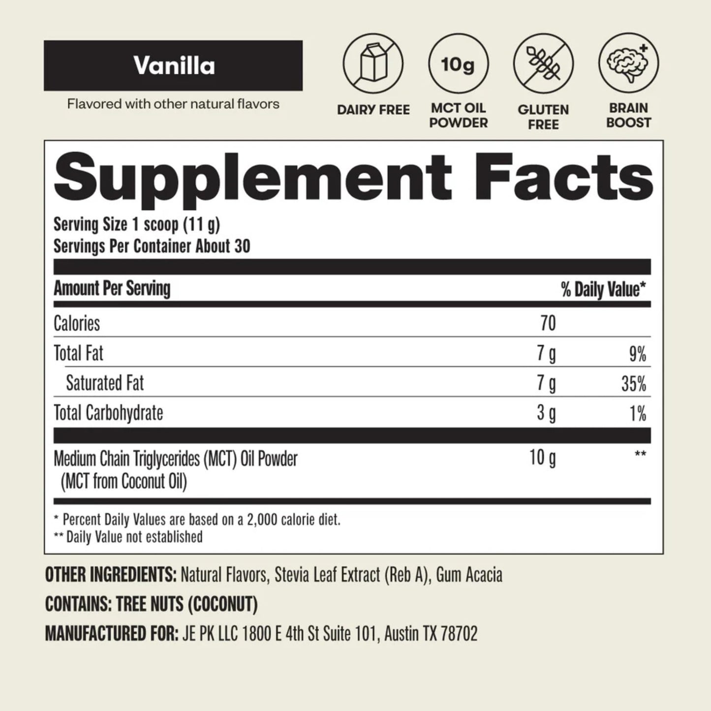 Perfect Keto 7g MCT Oil Powder Vanilla โ Non-Dairy Keto Coffee Creamer, 30 Servings